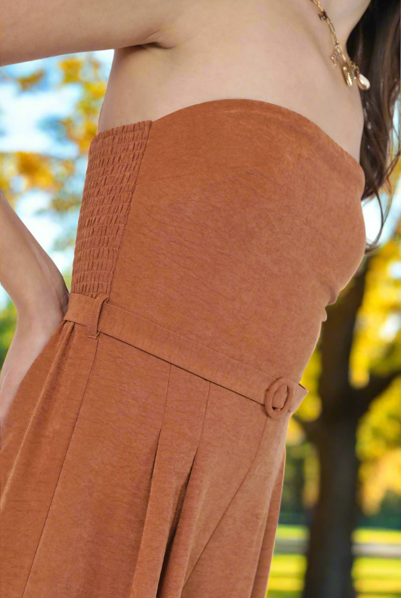 Sadie & Sage Sundown Tube Top Belted Jumpsuit in Rusty Brown-Rompers & Jumpsuits-Sadie & Sage-Deja Nu Boutique, Women's Fashion Boutique in Lampasas, Texas