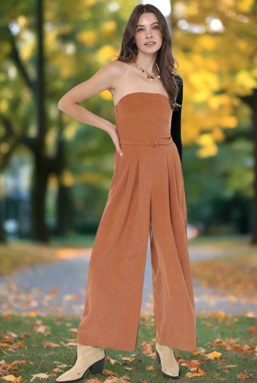 Sadie & Sage Sundown Tube Top Belted Jumpsuit in Rusty Brown-Rompers & Jumpsuits-Sadie & Sage-Deja Nu Boutique, Women's Fashion Boutique in Lampasas, Texas