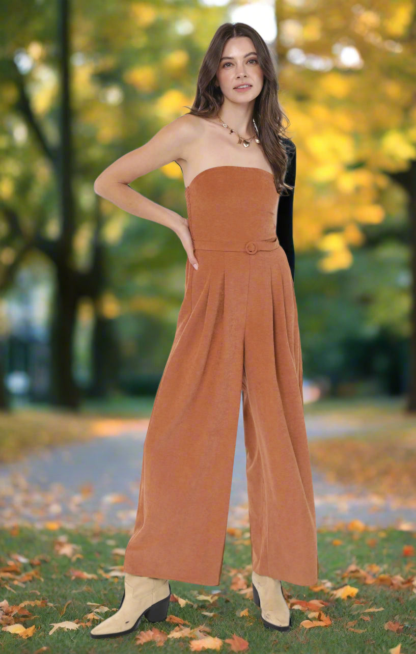 Sadie & Sage Sundown Tube Top Belted Jumpsuit in Rusty Brown-Rompers & Jumpsuits-Sadie & Sage-Deja Nu Boutique, Women's Fashion Boutique in Lampasas, Texas