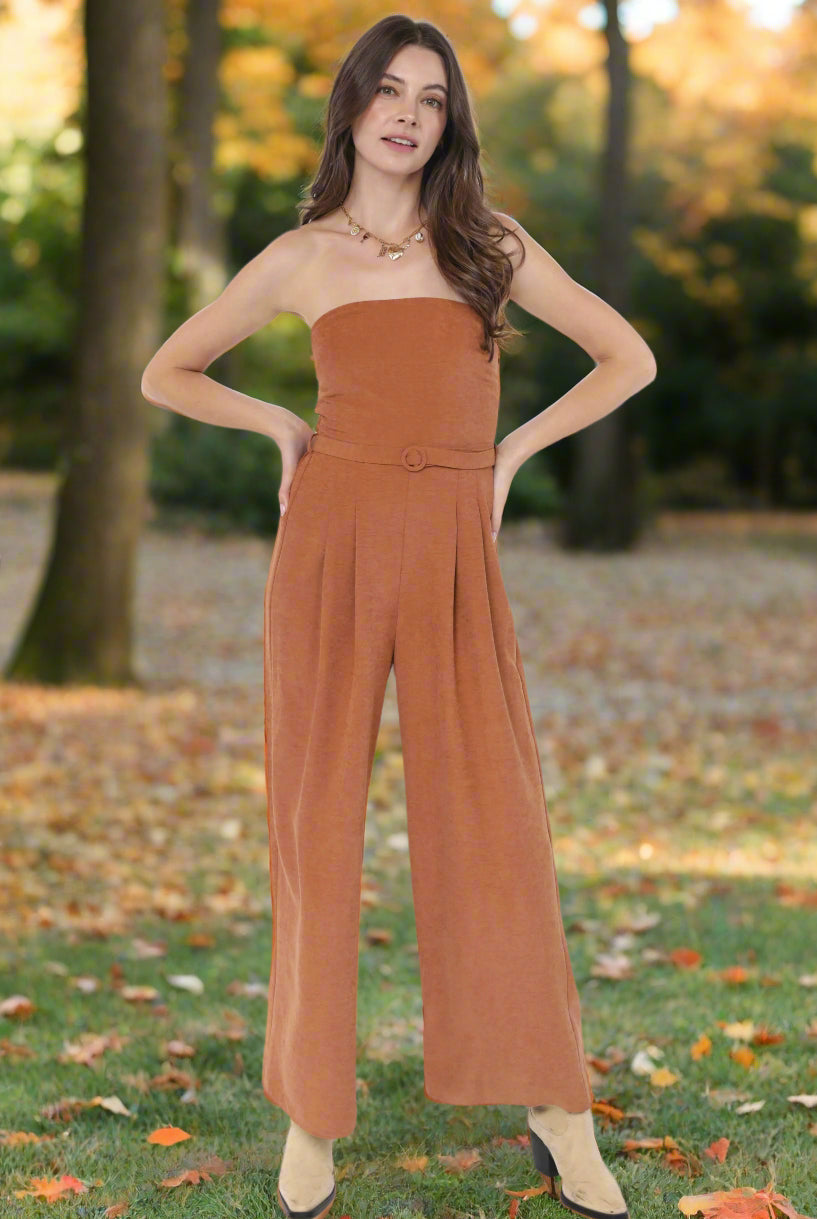 Sadie & Sage Sundown Tube Top Belted Jumpsuit in Rusty Brown-Rompers & Jumpsuits-Sadie & Sage-Deja Nu Boutique, Women's Fashion Boutique in Lampasas, Texas