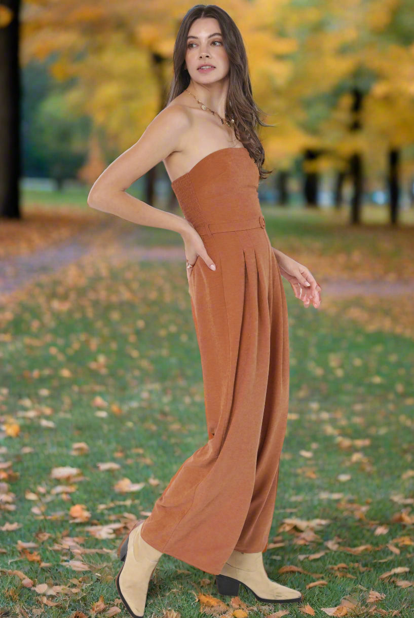 Sadie & Sage Sundown Tube Top Belted Jumpsuit in Rusty Brown-Rompers & Jumpsuits-Sadie & Sage-Deja Nu Boutique, Women's Fashion Boutique in Lampasas, Texas