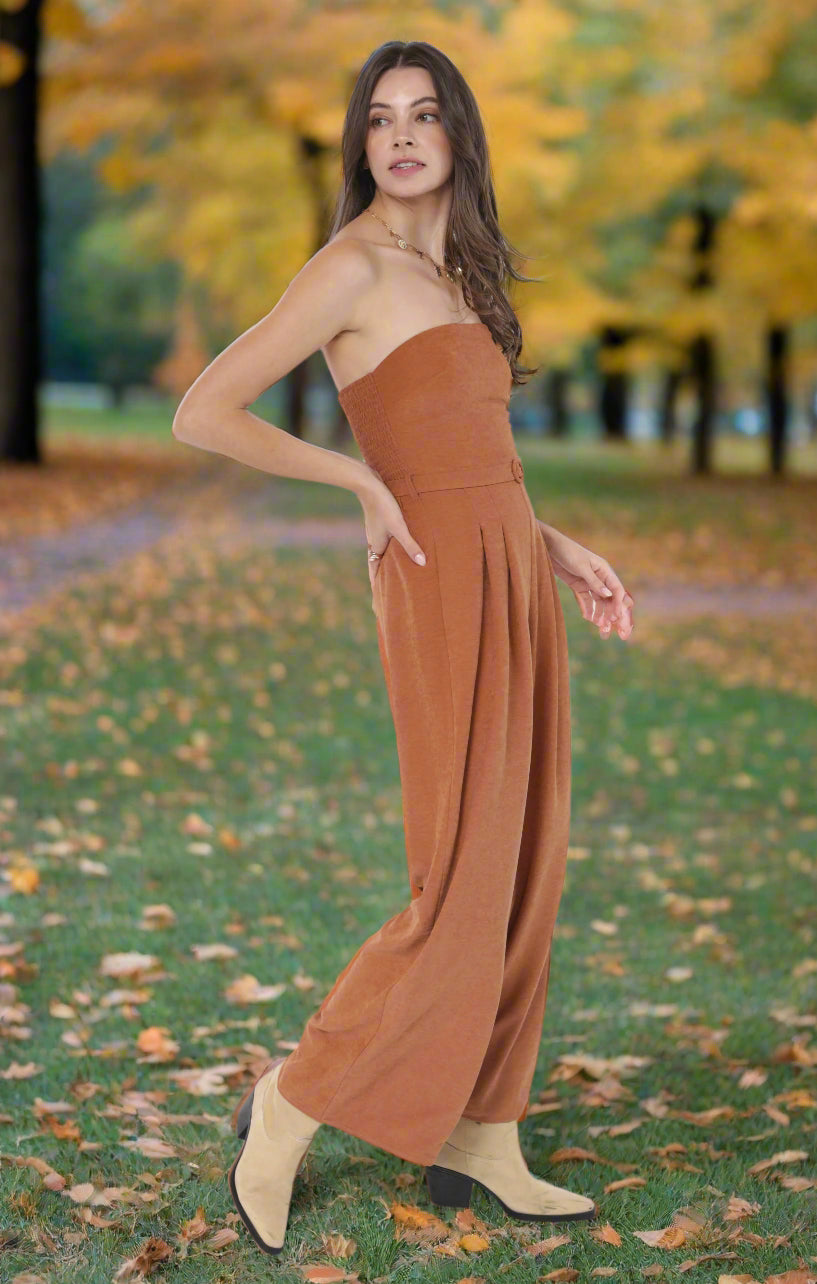 Sadie & Sage Sundown Tube Top Belted Jumpsuit in Rusty Brown-Rompers & Jumpsuits-Sadie & Sage-Deja Nu Boutique, Women's Fashion Boutique in Lampasas, Texas