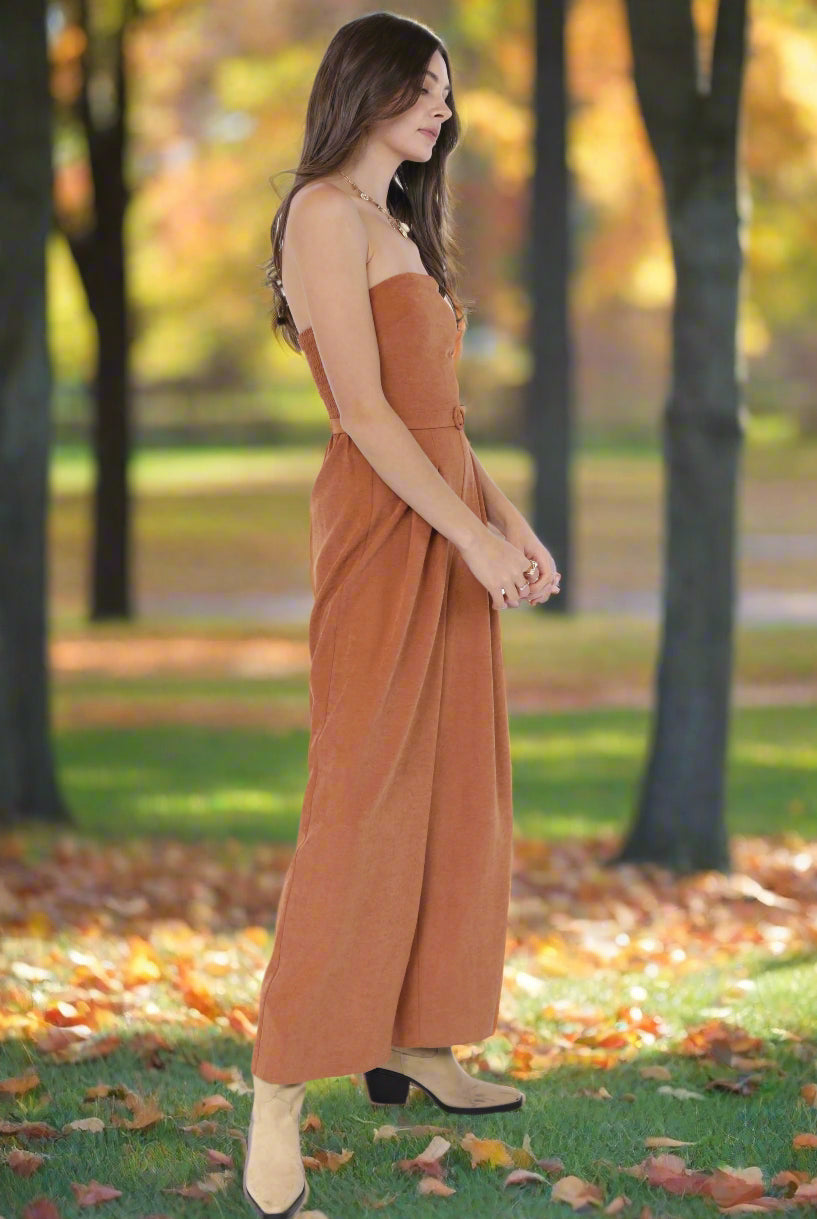 Sadie & Sage Sundown Tube Top Belted Jumpsuit in Rusty Brown-Rompers & Jumpsuits-Sadie & Sage-Deja Nu Boutique, Women's Fashion Boutique in Lampasas, Texas