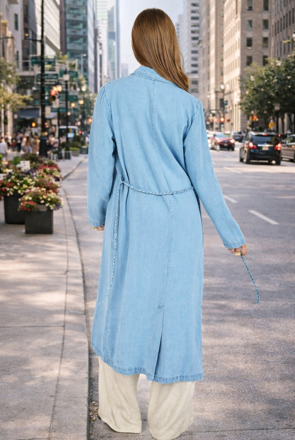 Sadie & Sage “It’s Pouring” Light Chambray Duster Coat with Braided Belt (Style AJ1504)-Outerwear-Sadie & Sage-Deja Nu Boutique, Women's Fashion Boutique in Lampasas, Texas