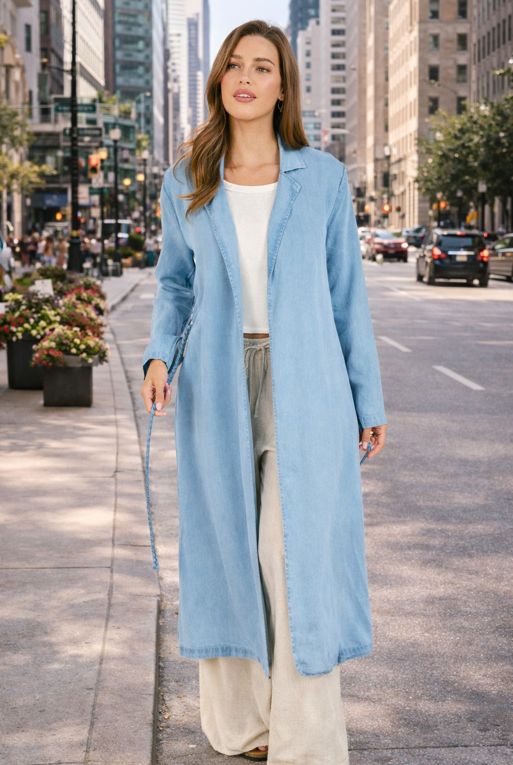 Sadie & Sage “It’s Pouring” Light Chambray Duster Coat with Braided Belt (Style AJ1504)-Outerwear-Sadie & Sage-Deja Nu Boutique, Women's Fashion Boutique in Lampasas, Texas