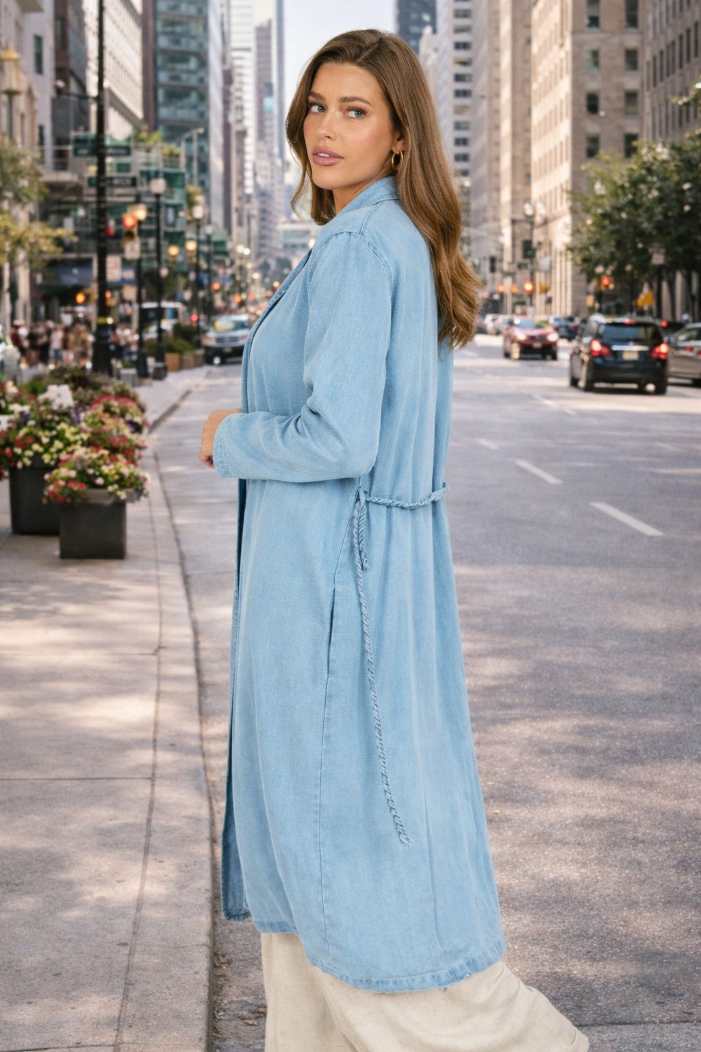 Sadie & Sage “It’s Pouring” Light Chambray Duster Coat with Braided Belt (Style AJ1504)-Outerwear-Sadie & Sage-Deja Nu Boutique, Women's Fashion Boutique in Lampasas, Texas