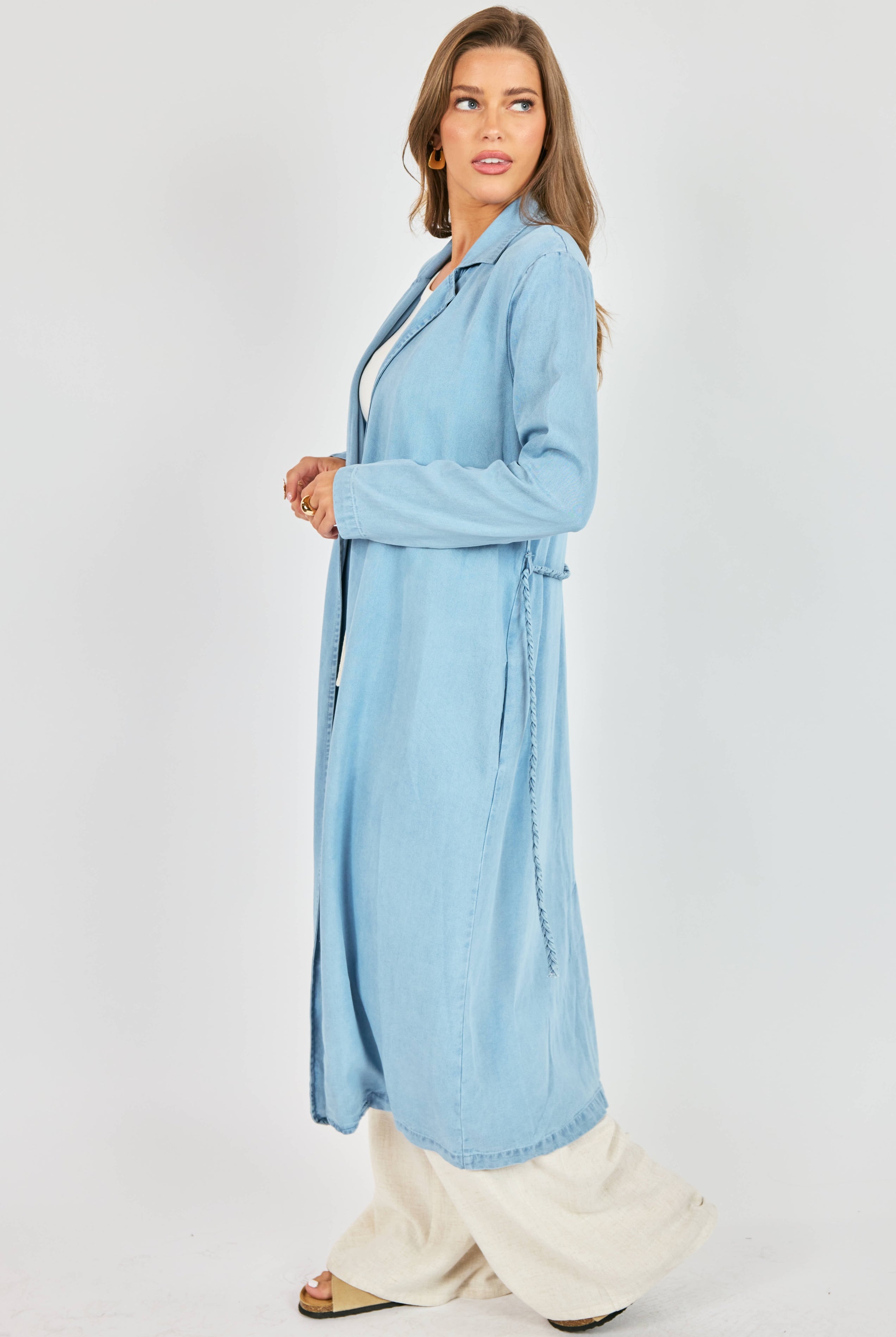 Sadie & Sage “It’s Pouring” Light Chambray Duster Coat with Braided Belt (Style AJ1504)-Outerwear-Sadie & Sage-Deja Nu Boutique, Women's Fashion Boutique in Lampasas, Texas