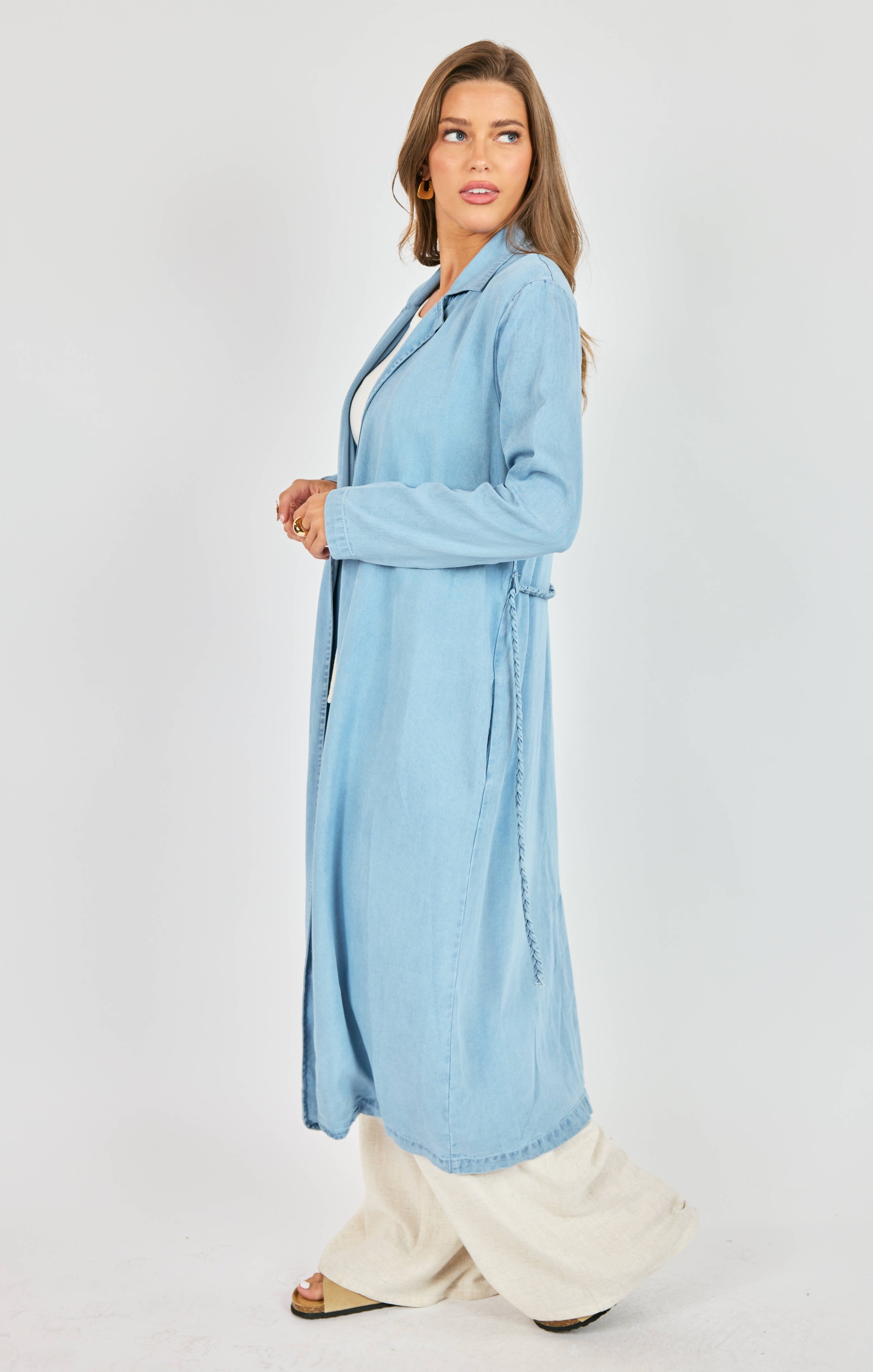 Sadie & Sage “It’s Pouring” Light Chambray Duster Coat with Braided Belt (Style AJ1504)-Outerwear-Sadie & Sage-Deja Nu Boutique, Women's Fashion Boutique in Lampasas, Texas