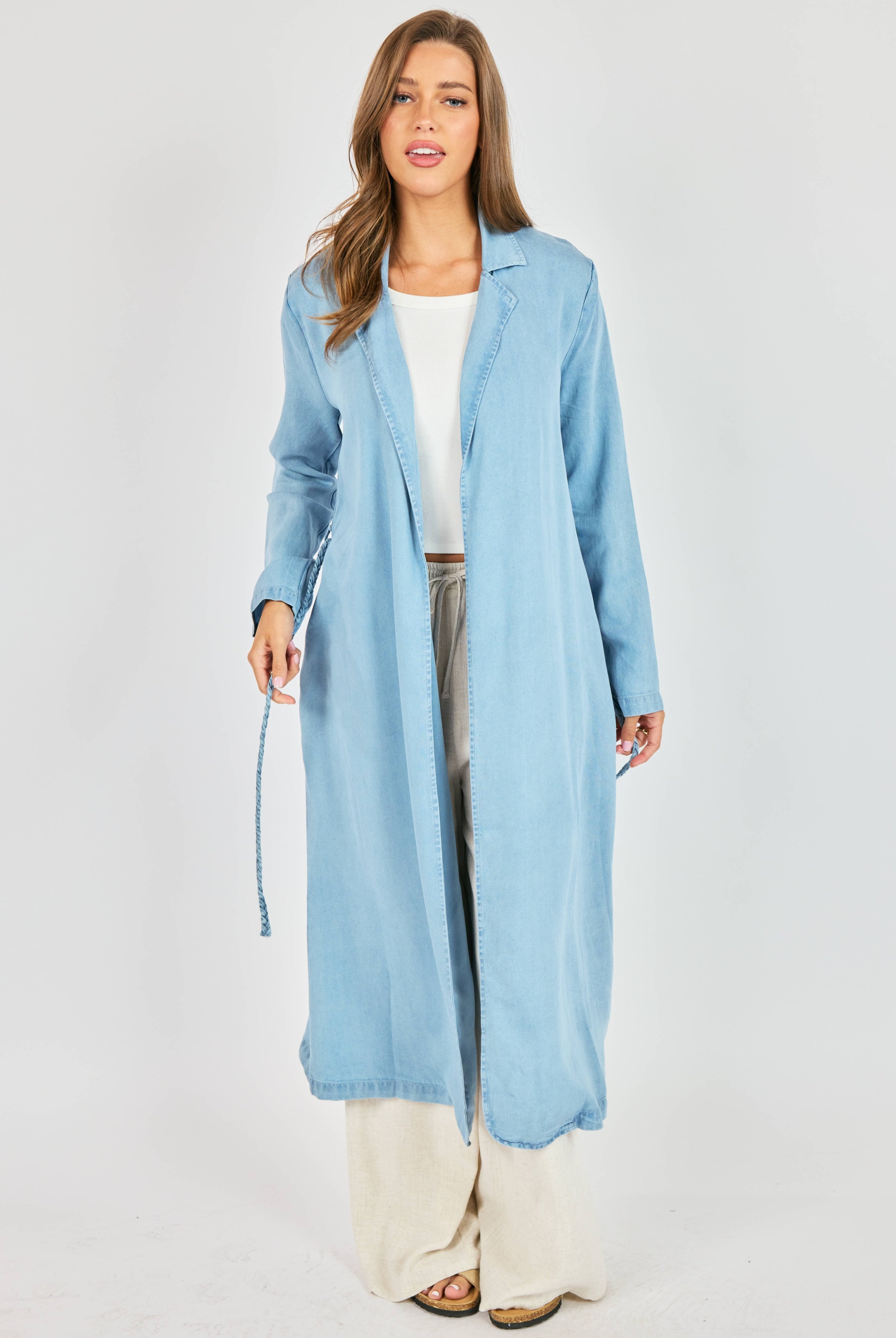 Sadie & Sage “It’s Pouring” Light Chambray Duster Coat with Braided Belt (Style AJ1504)-Outerwear-Sadie & Sage-Deja Nu Boutique, Women's Fashion Boutique in Lampasas, Texas