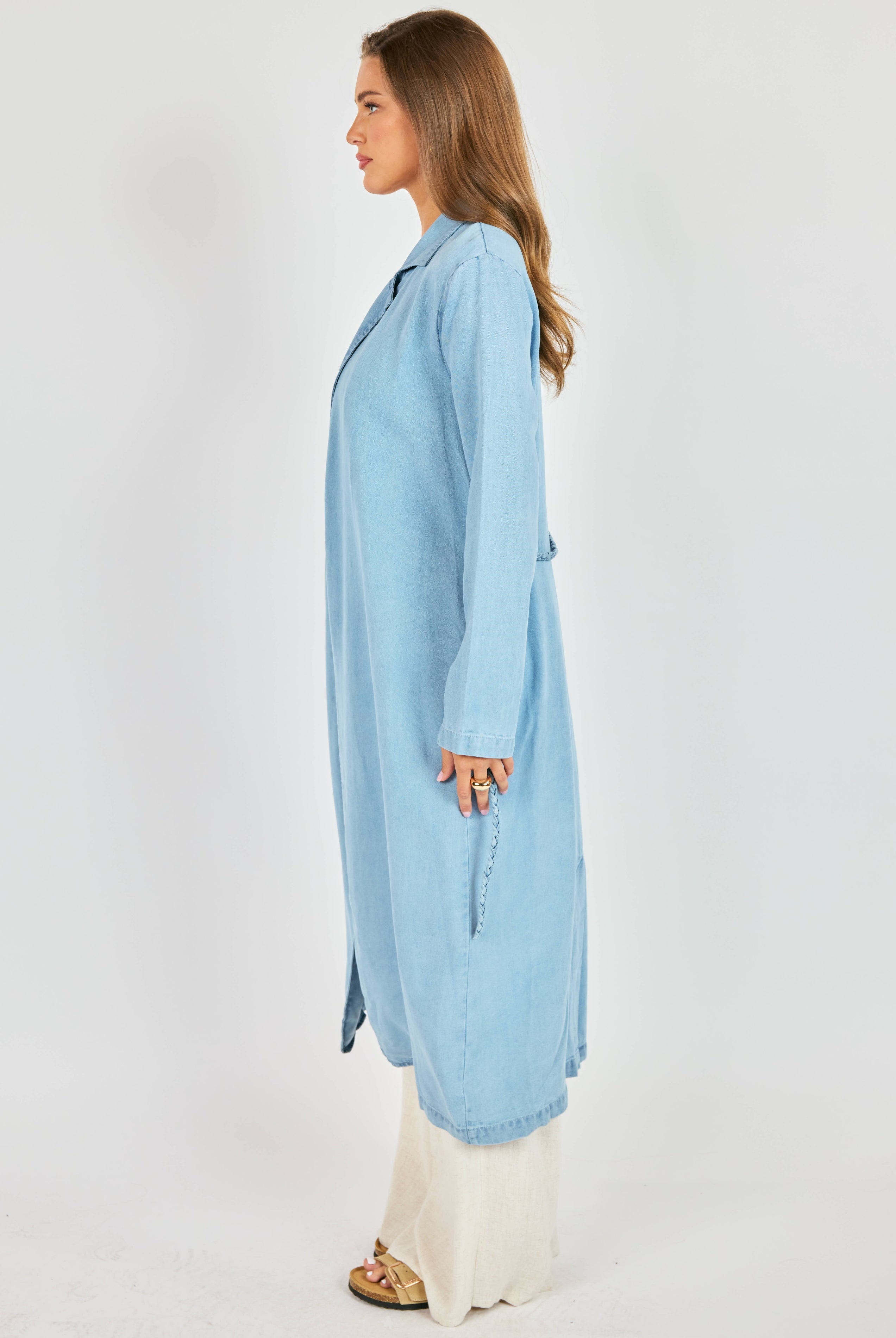 Sadie & Sage “It’s Pouring” Light Chambray Duster Coat with Braided Belt (Style AJ1504)-Outerwear-Sadie & Sage-Deja Nu Boutique, Women's Fashion Boutique in Lampasas, Texas