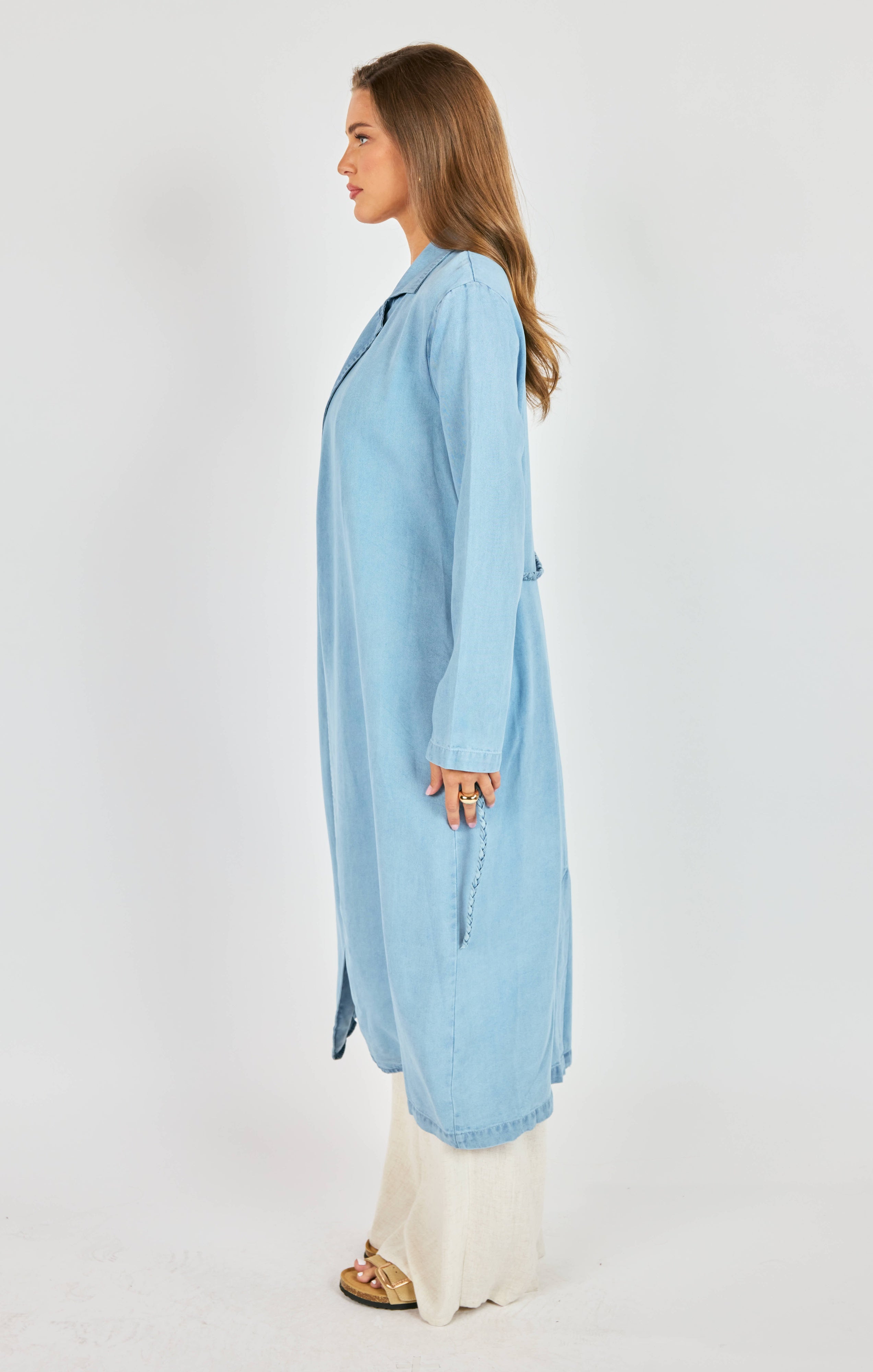 Sadie & Sage “It’s Pouring” Light Chambray Duster Coat with Braided Belt (Style AJ1504)-Outerwear-Sadie & Sage-Deja Nu Boutique, Women's Fashion Boutique in Lampasas, Texas