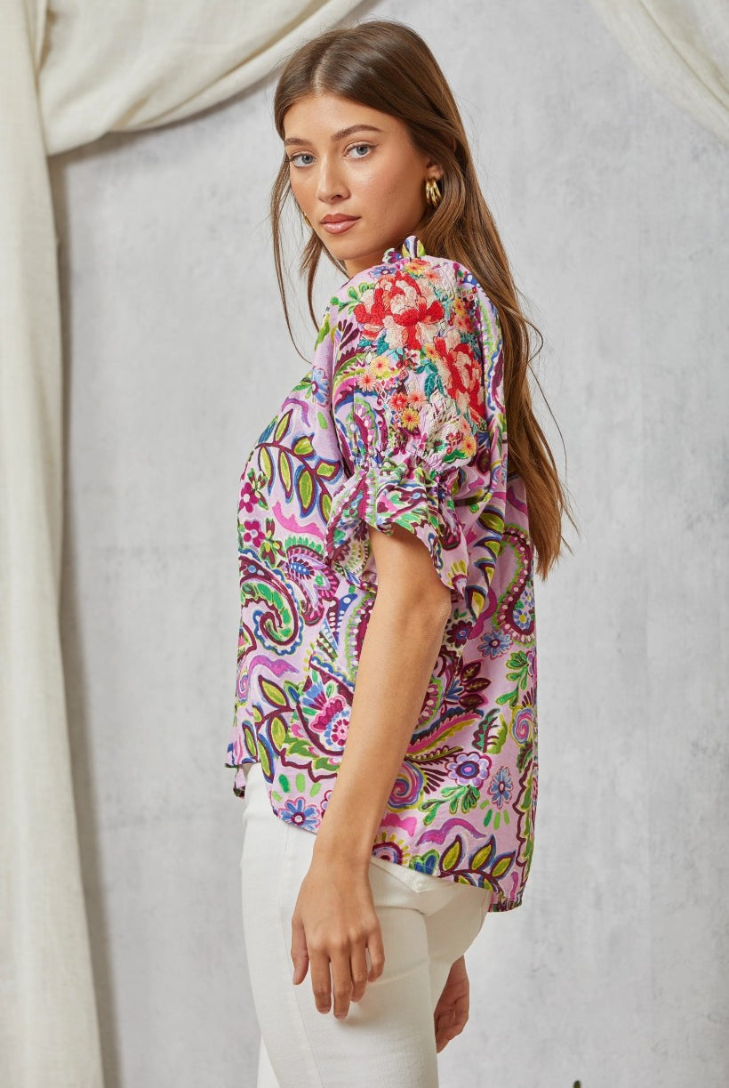 Savanna Jane Lilac Paisley Print Blouse With Floral Embroidery On Sleeves-Tops-Savanna Jane-Deja Nu Boutique, Women's Fashion Boutique in Lampasas, Texas