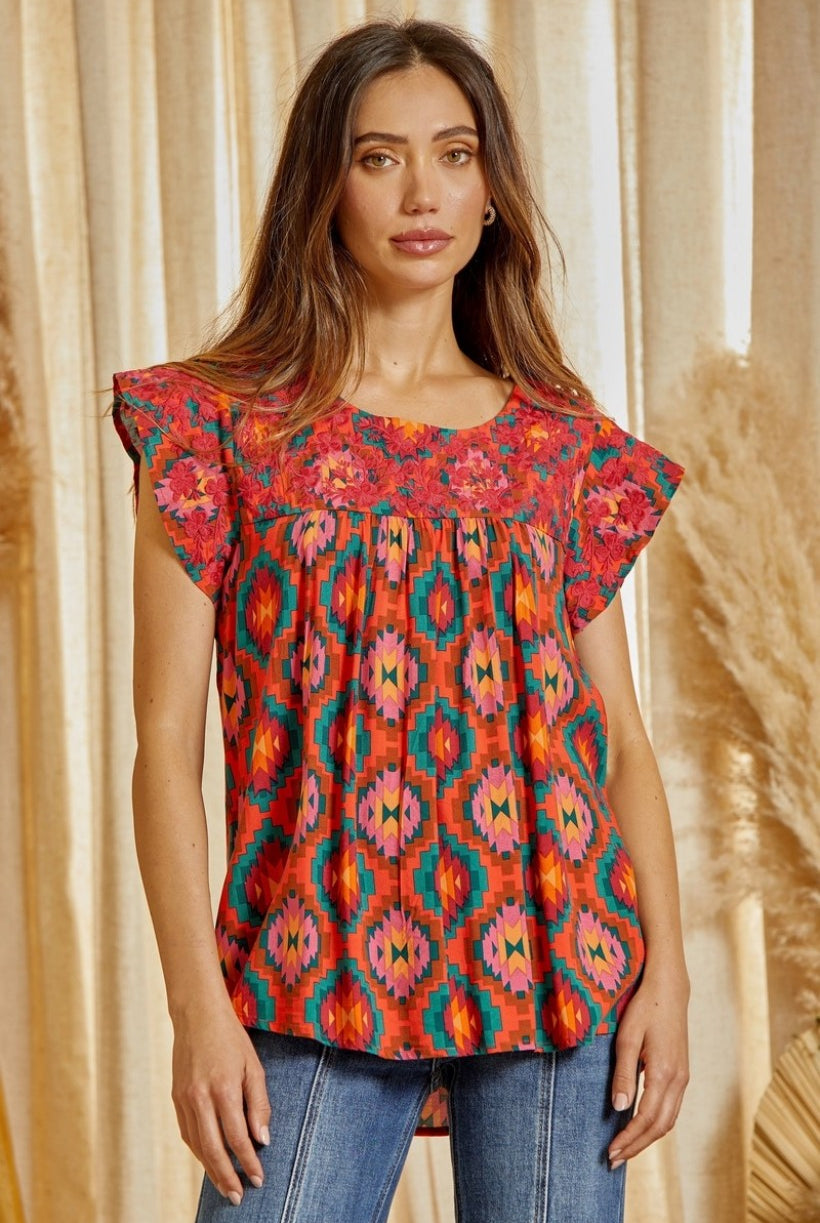Savanna Jane Multi Colored Aztec Embroidered Flutter Sleeve Top-Tops-Savanna Jane-Deja Nu Boutique, Women's Fashion Boutique in Lampasas, Texas