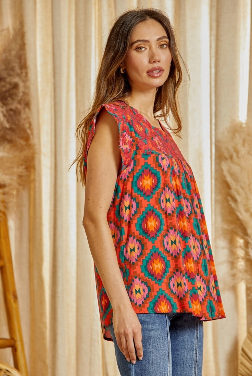 Savanna Jane Multi Colored Aztec Embroidered Flutter Sleeve Top-Tops-Savanna Jane-Deja Nu Boutique, Women's Fashion Boutique in Lampasas, Texas
