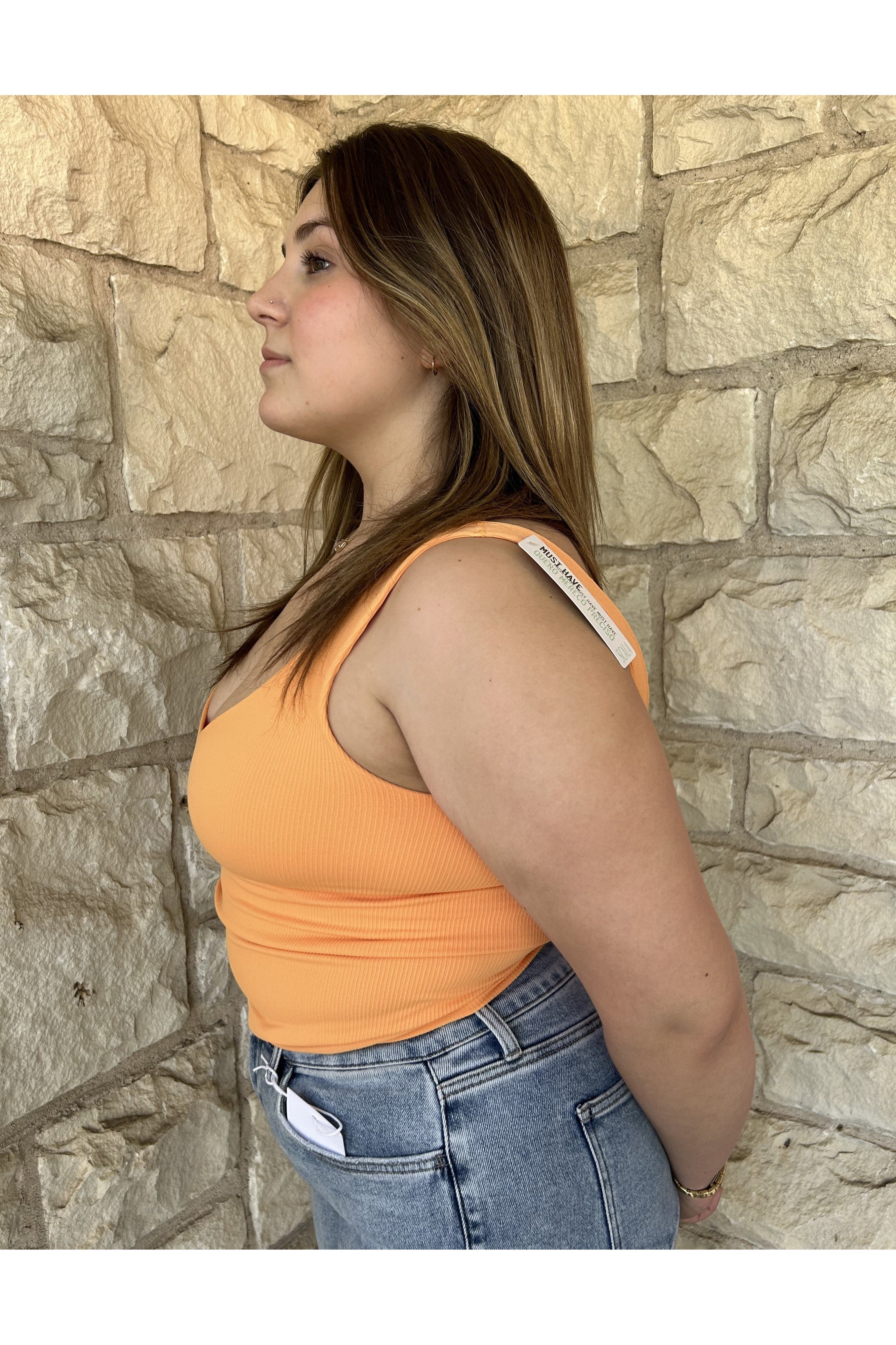 Scala Seamless Double V Neck Tank With Built In Bra In Papaya-Camis/Tanks-Scala Seamless-Deja Nu Boutique, Women's Fashion Boutique in Lampasas, Texas