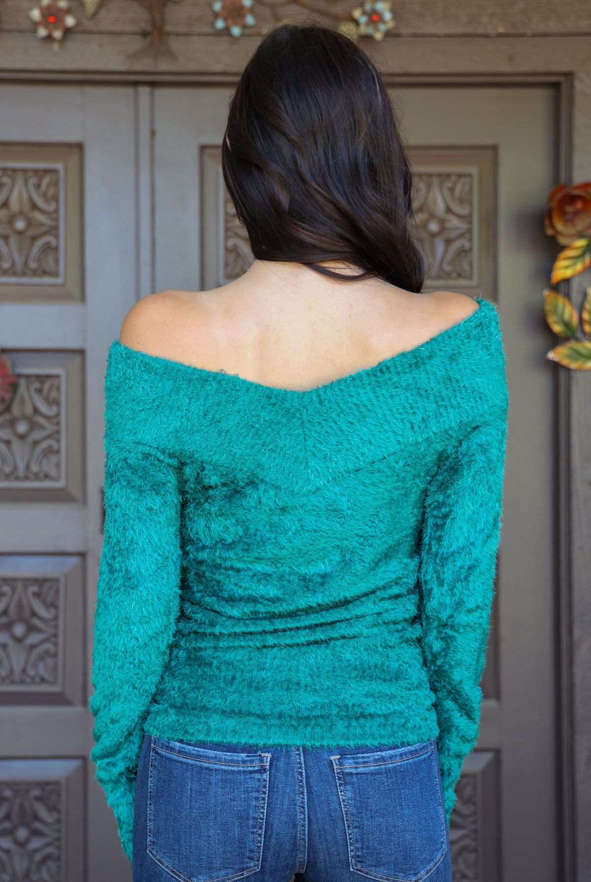 Scala Seamless Emerald Green Furry Long Sleeve Off The Shoulder Sweater-Sweaters-Scala Seamless-Deja Nu Boutique, Women's Fashion Boutique in Lampasas, Texas