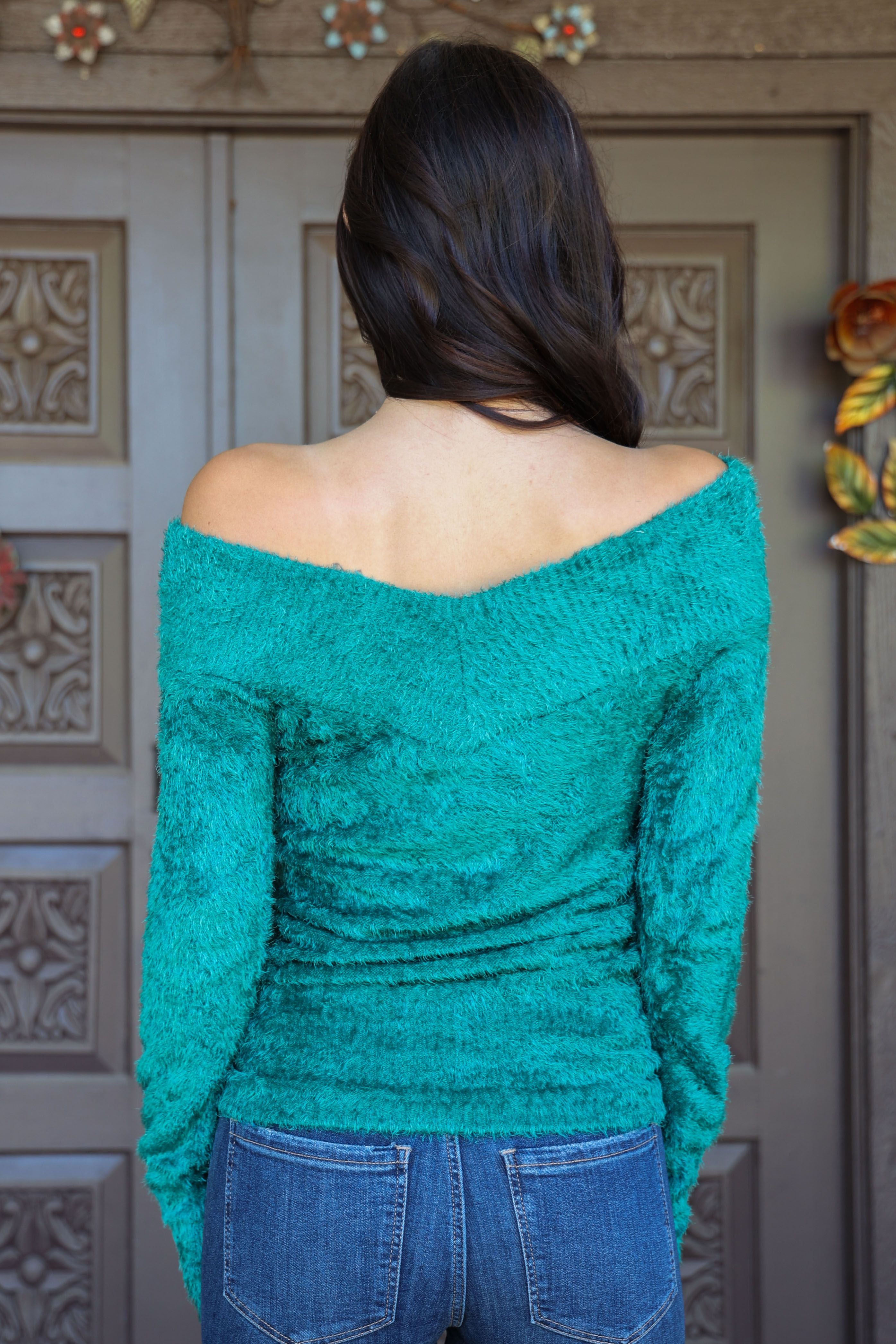 Scala Seamless Emerald Green Furry Long Sleeve Off The Shoulder Sweater-Sweaters-Scala Seamless-Deja Nu Boutique, Women's Fashion Boutique in Lampasas, Texas