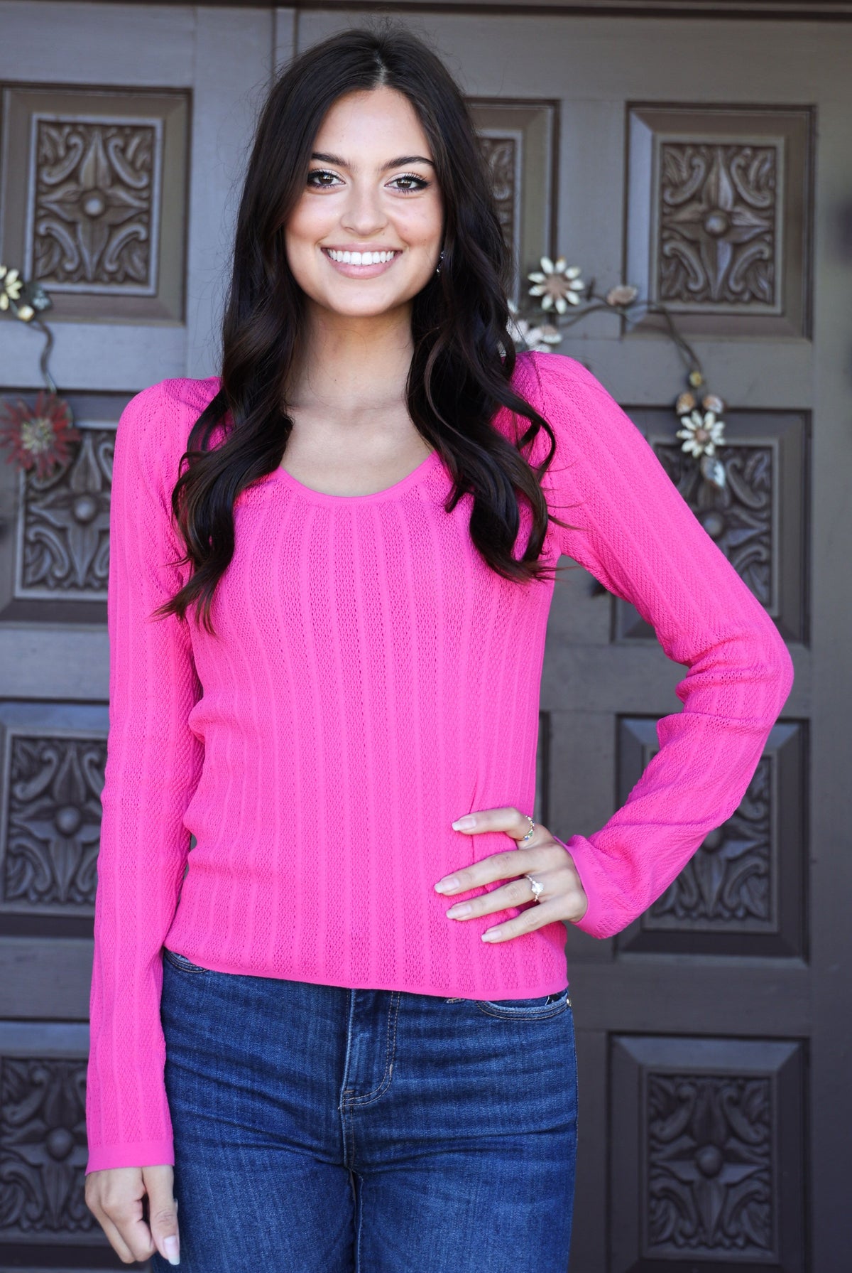 Scala Seamless Hot Pink Lace Long Sleeve U-Neckline Top-Long Sleeves-Scala Seamless-Deja Nu Boutique, Women's Fashion Boutique in Lampasas, Texas