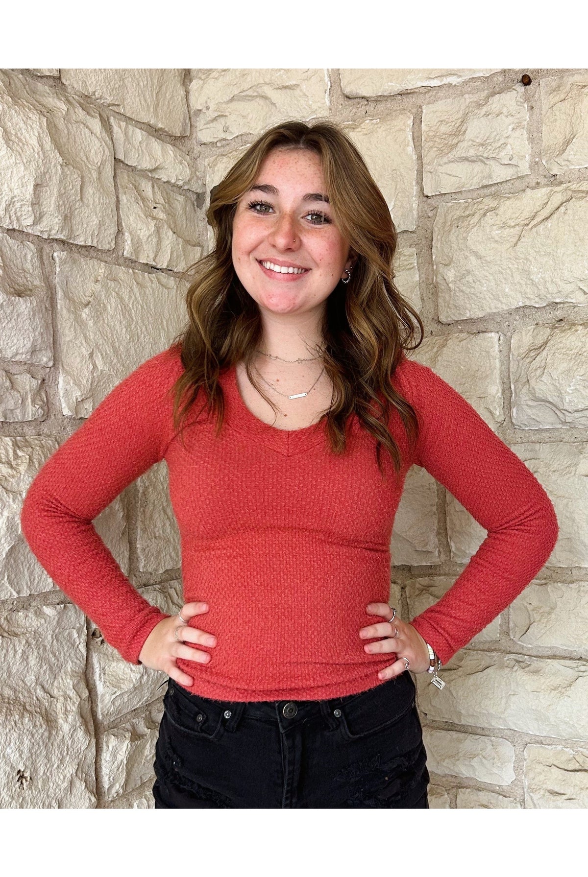 Scala Seamless Long Sleeve Furry V Neck Sweater In Atacama Rust-Sweaters-Scala Seamless-Deja Nu Boutique, Women's Fashion Boutique in Lampasas, Texas
