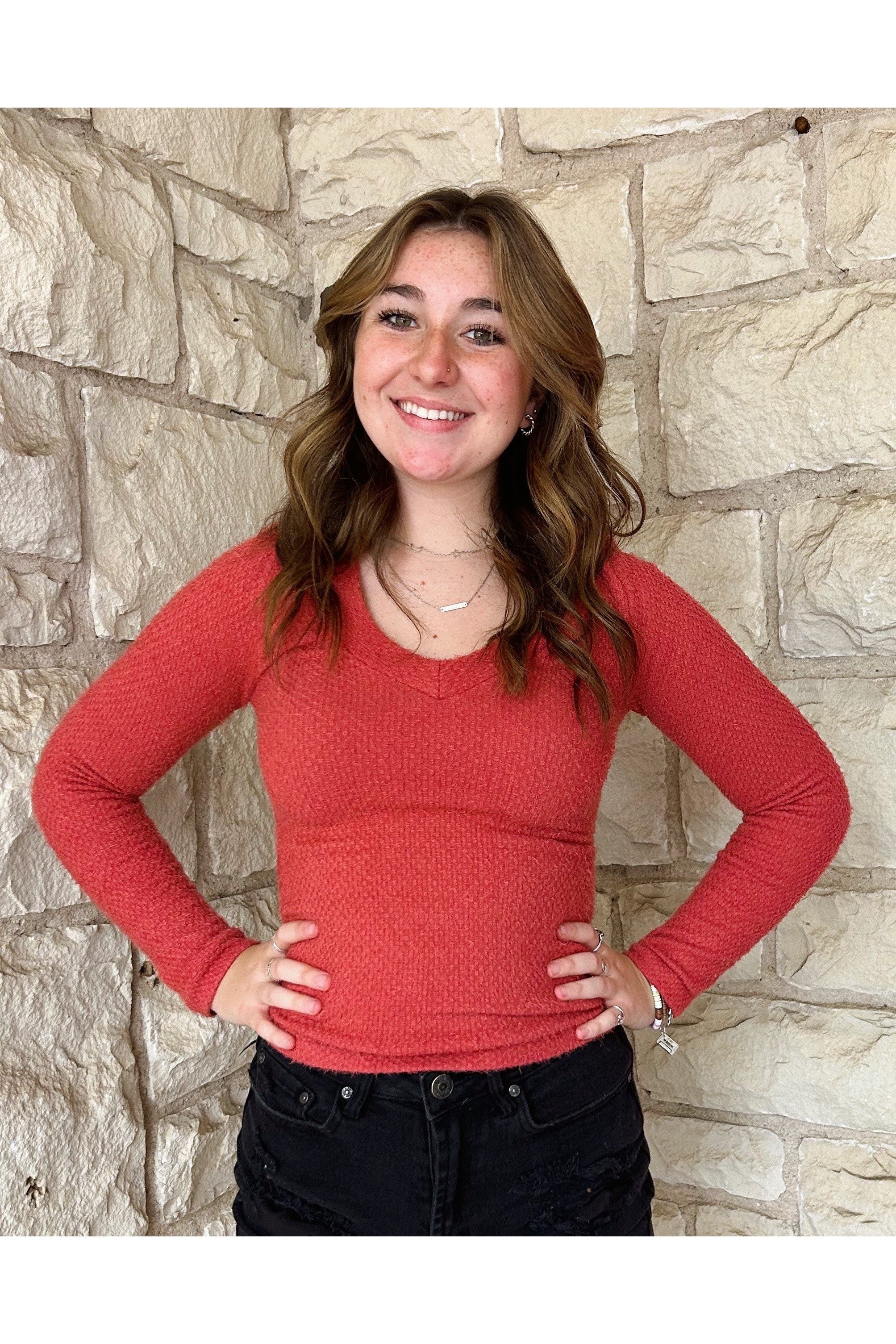 Scala Seamless Long Sleeve Furry V Neck Sweater In Atacama Rust-Sweaters-Scala Seamless-Deja Nu Boutique, Women's Fashion Boutique in Lampasas, Texas