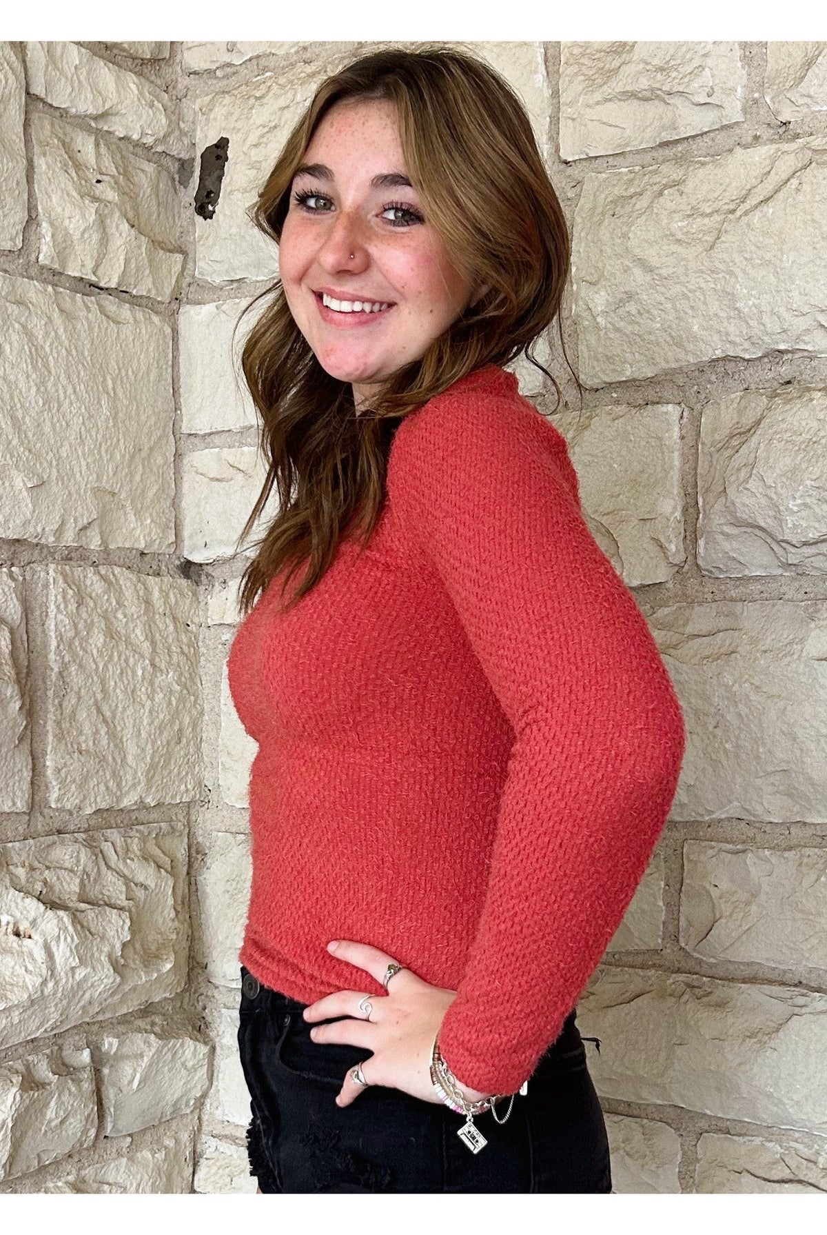 Scala Seamless Long Sleeve Furry V Neck Sweater In Atacama Rust-Sweaters-Scala Seamless-Deja Nu Boutique, Women's Fashion Boutique in Lampasas, Texas