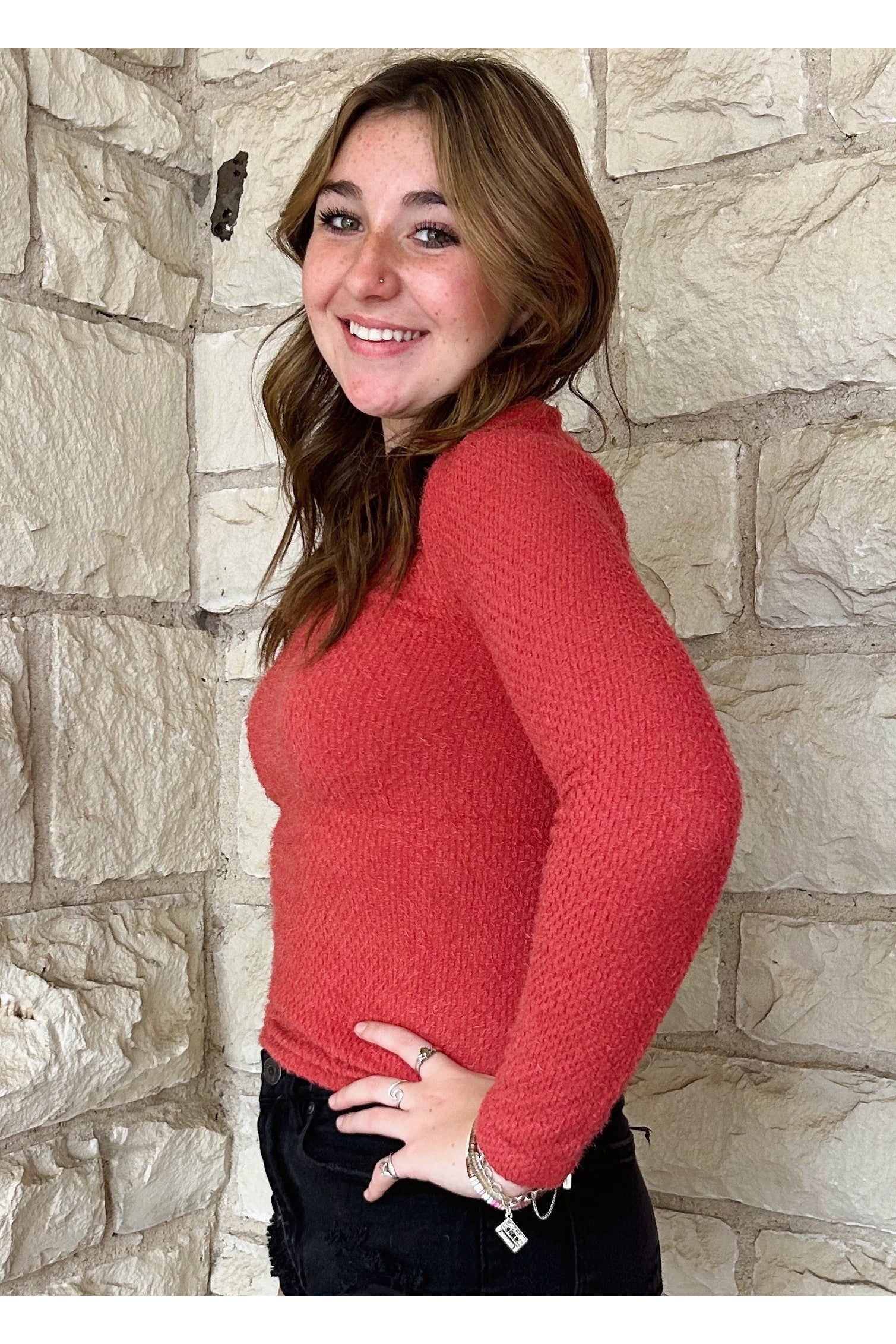 Scala Seamless Long Sleeve Furry V Neck Sweater In Atacama Rust-Sweaters-Scala Seamless-Deja Nu Boutique, Women's Fashion Boutique in Lampasas, Texas