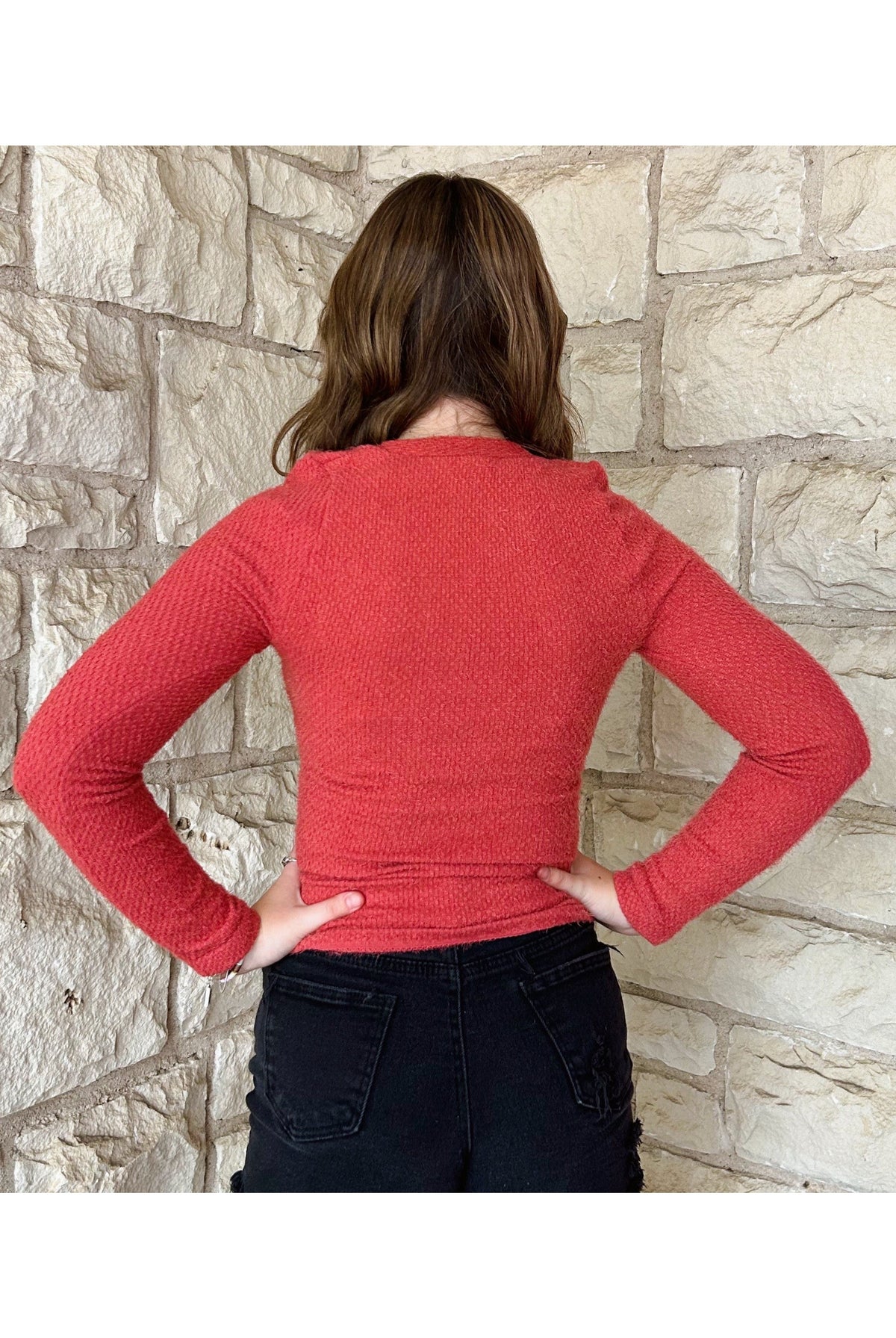 Scala Seamless Long Sleeve Furry V Neck Sweater In Atacama Rust-Sweaters-Scala Seamless-Deja Nu Boutique, Women's Fashion Boutique in Lampasas, Texas