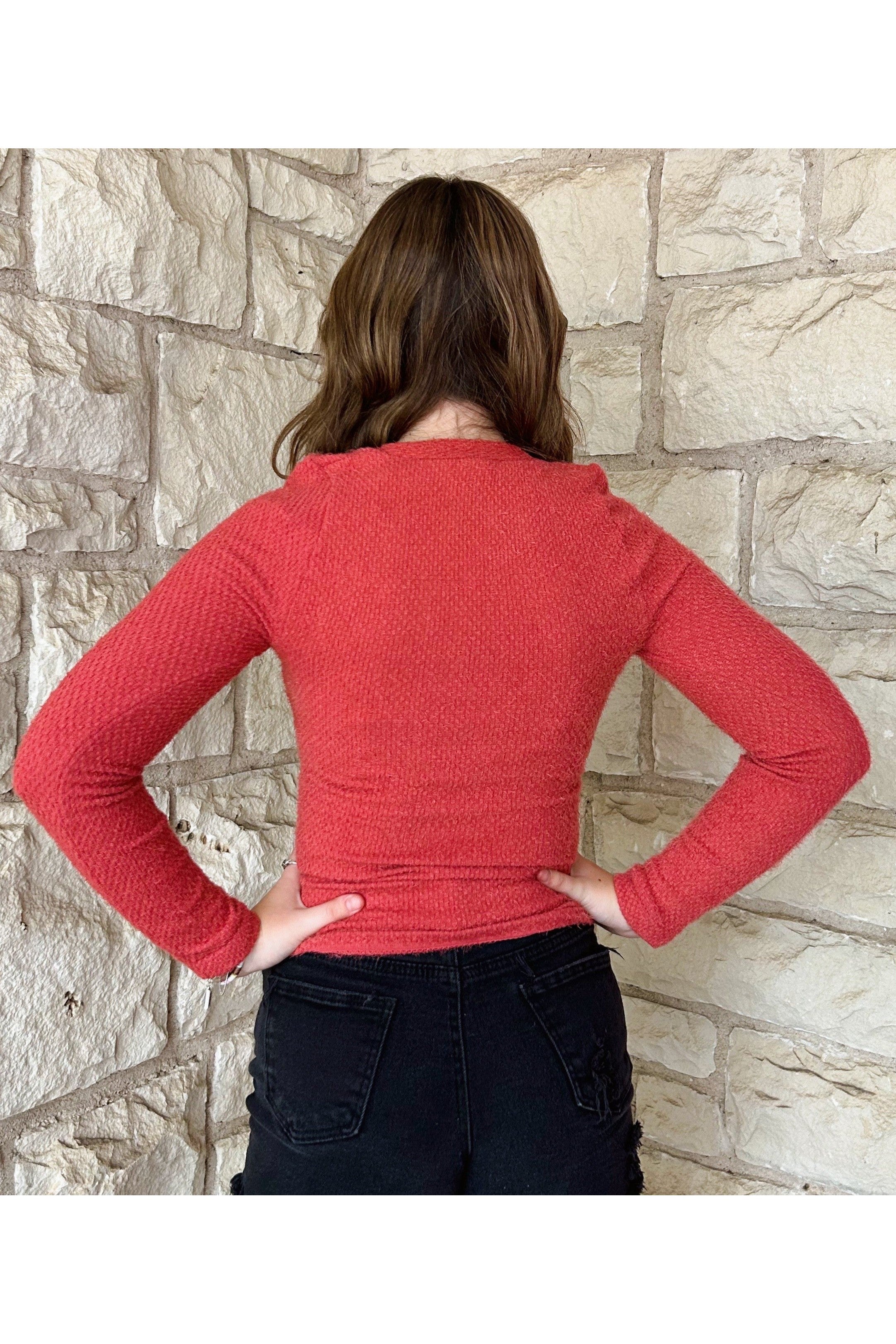 Scala Seamless Long Sleeve Furry V Neck Sweater In Atacama Rust-Sweaters-Scala Seamless-Deja Nu Boutique, Women's Fashion Boutique in Lampasas, Texas