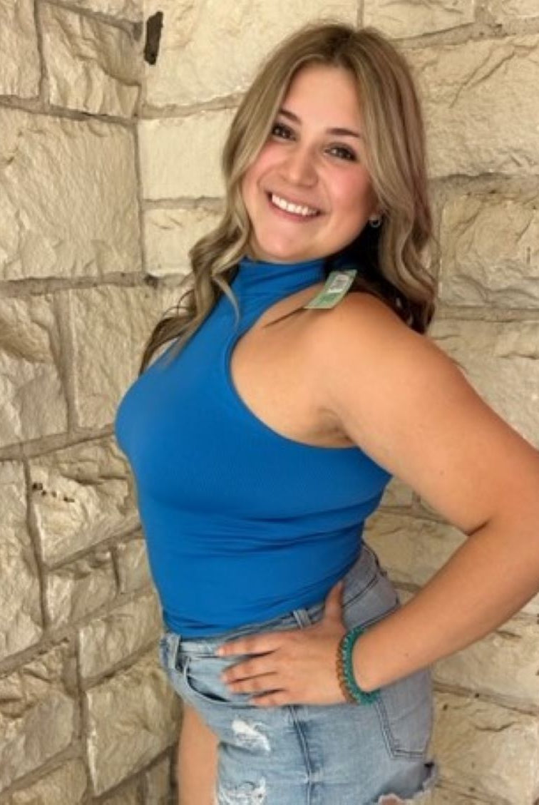 Scala Seamless Ribbed Sleeveless Turtleneck With Built In Bra In Azul Pavao-Curvy/Plus Camis and Tanks-Scala Seamless-Deja Nu Boutique, Women's Fashion Boutique in Lampasas, Texas