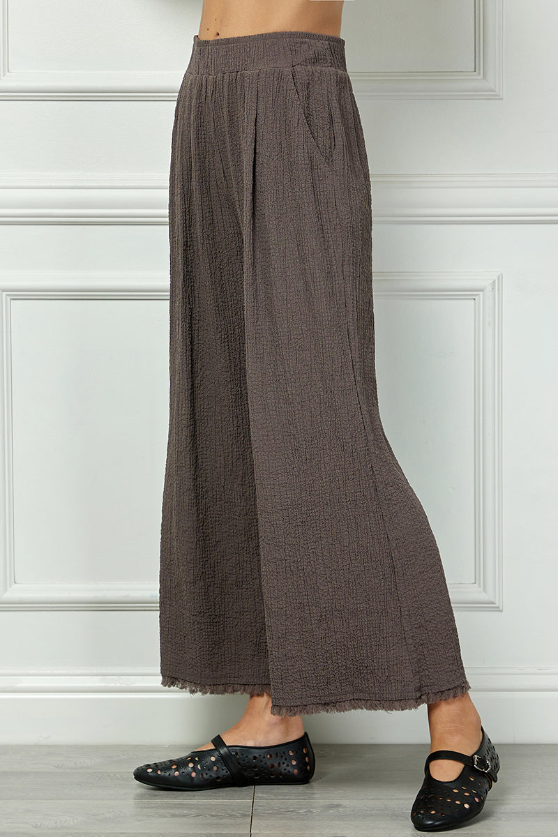 See And Be Seen Brown Seersucker Fringe Trim Pants In Plus-Curvy/Plus Pants-See And Be Seen-Deja Nu Boutique, Women's Fashion Boutique in Lampasas, Texas