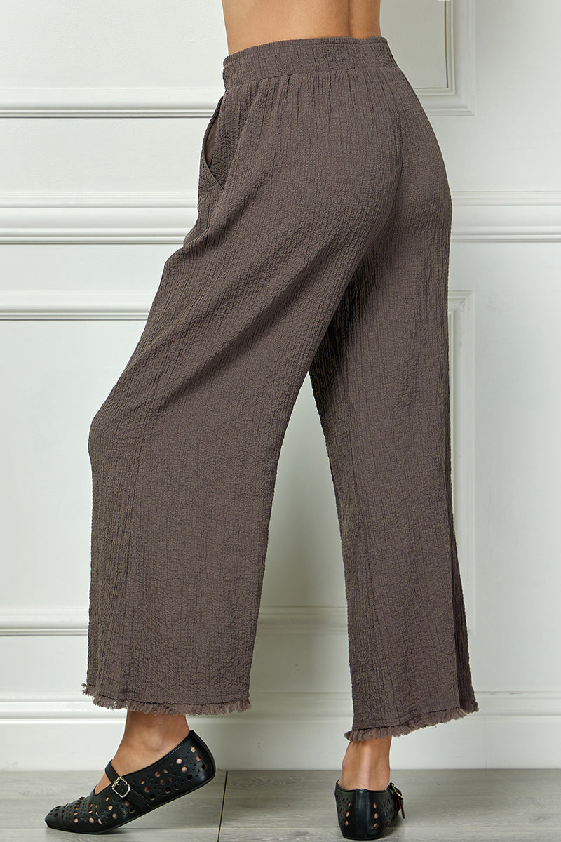 See And Be Seen Brown Seersucker Fringe Trim Pants In Plus-Curvy/Plus Pants-See And Be Seen-Deja Nu Boutique, Women's Fashion Boutique in Lampasas, Texas