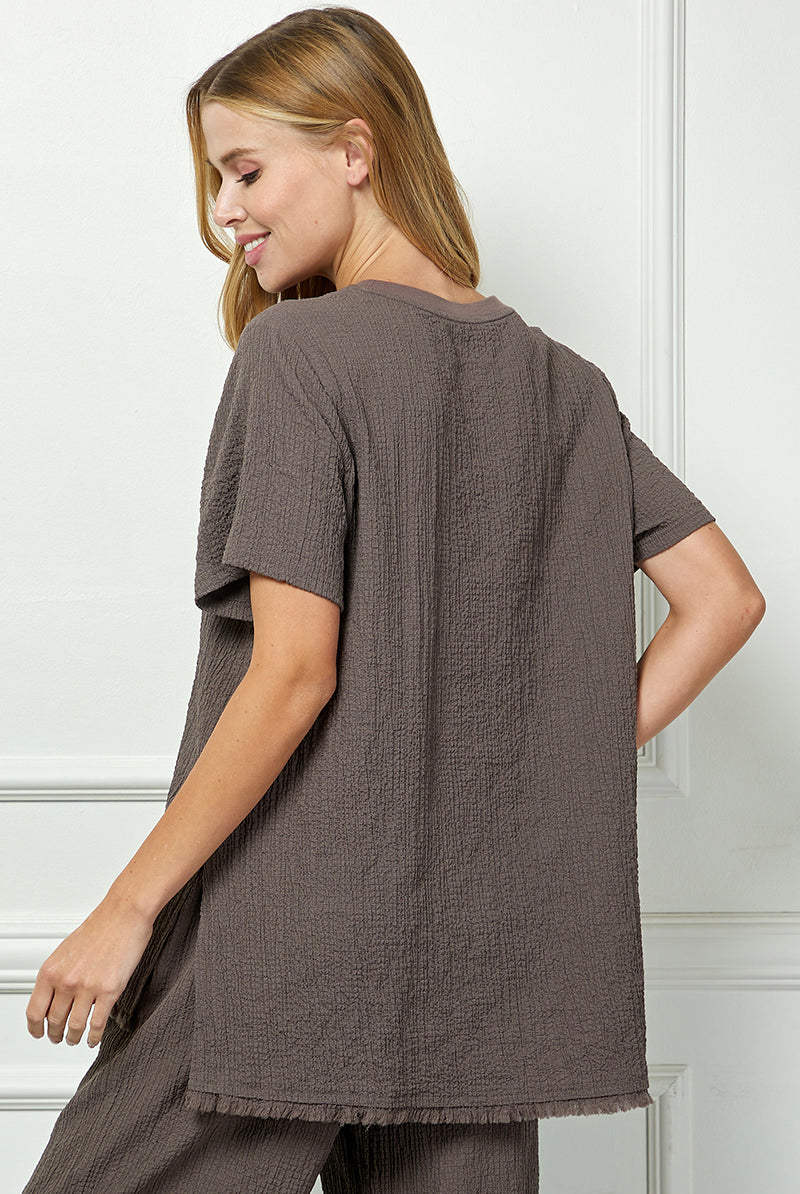 See And Be Seen Brown Seersucker Fringe Tunic Top In Plus-Curvy/Plus Tops-See And Be Seen-Deja Nu Boutique, Women's Fashion Boutique in Lampasas, Texas