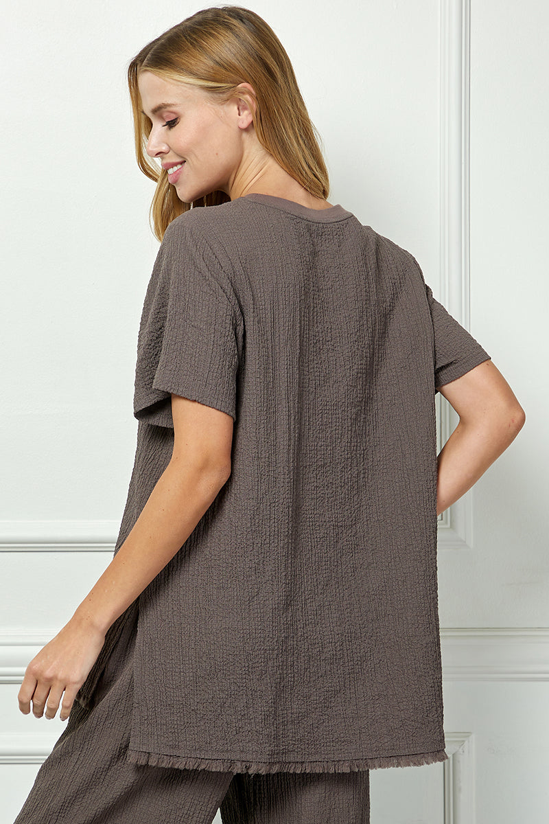 See And Be Seen Brown Seersucker Fringe Tunic Top In Plus-Curvy/Plus Tops-See And Be Seen-Deja Nu Boutique, Women's Fashion Boutique in Lampasas, Texas