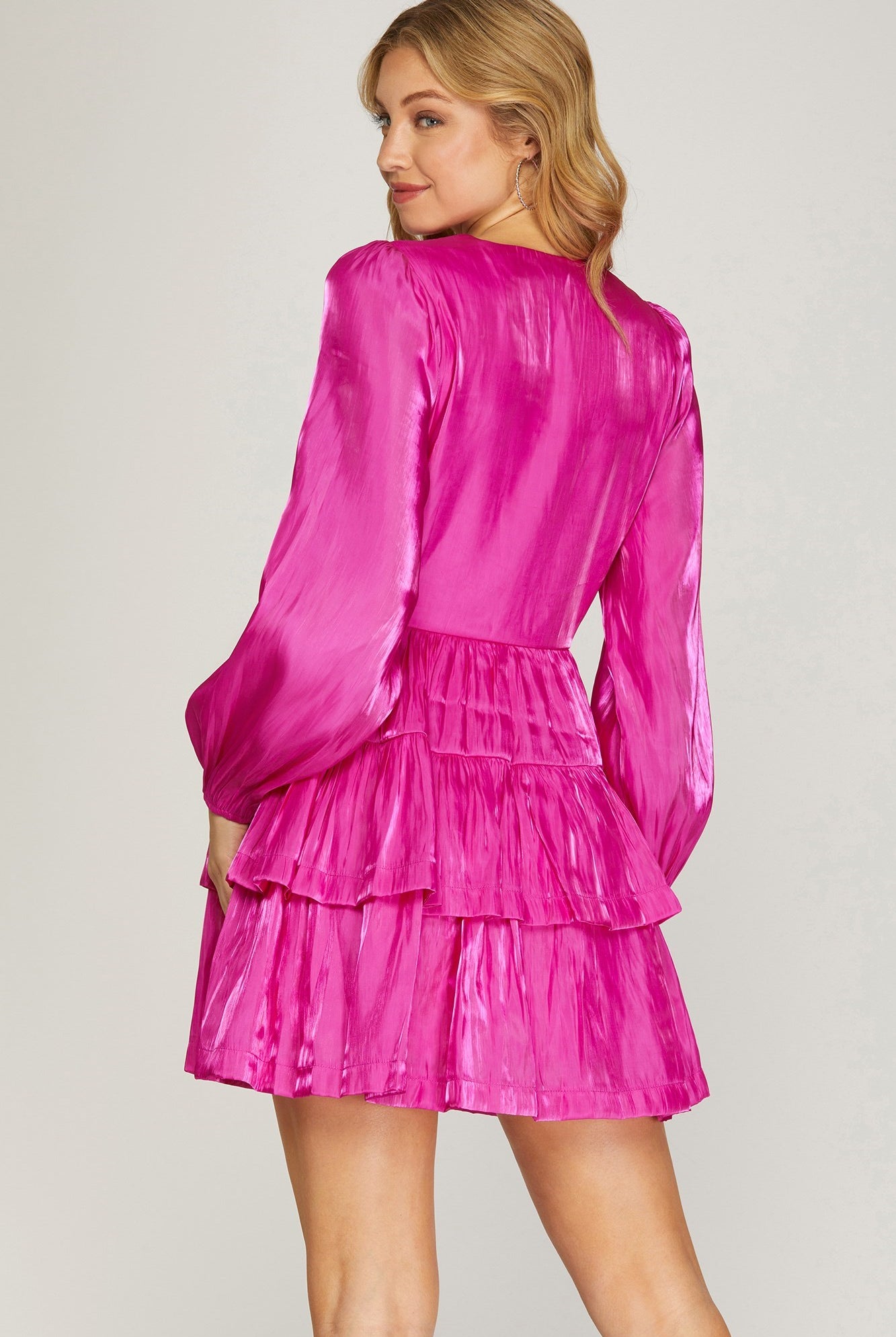 She And Sky Long Sleeve Silky Woven Surplice Tiered Dress In Fuchsia-Short Dresses-She And Sky-Deja Nu Boutique, Women's Fashion Boutique in Lampasas, Texas