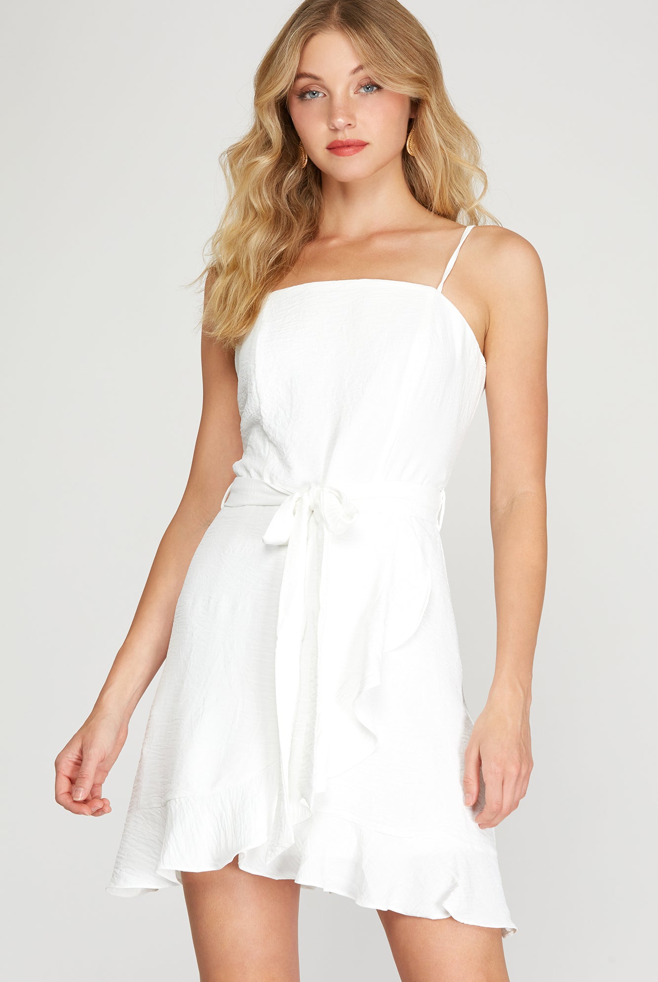She And Sky Cami Tube Top Woven Romper With Wrap And Ruffled Hem In White-Rompers & Jumpsuits-She And Sky-Deja Nu Boutique, Women's Fashion Boutique in Lampasas, Texas