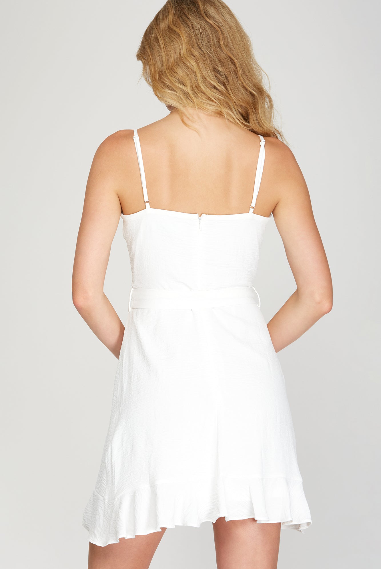 She And Sky Cami Tube Top Woven Romper With Wrap And Ruffled Hem In White-Rompers & Jumpsuits-She And Sky-Deja Nu Boutique, Women's Fashion Boutique in Lampasas, Texas