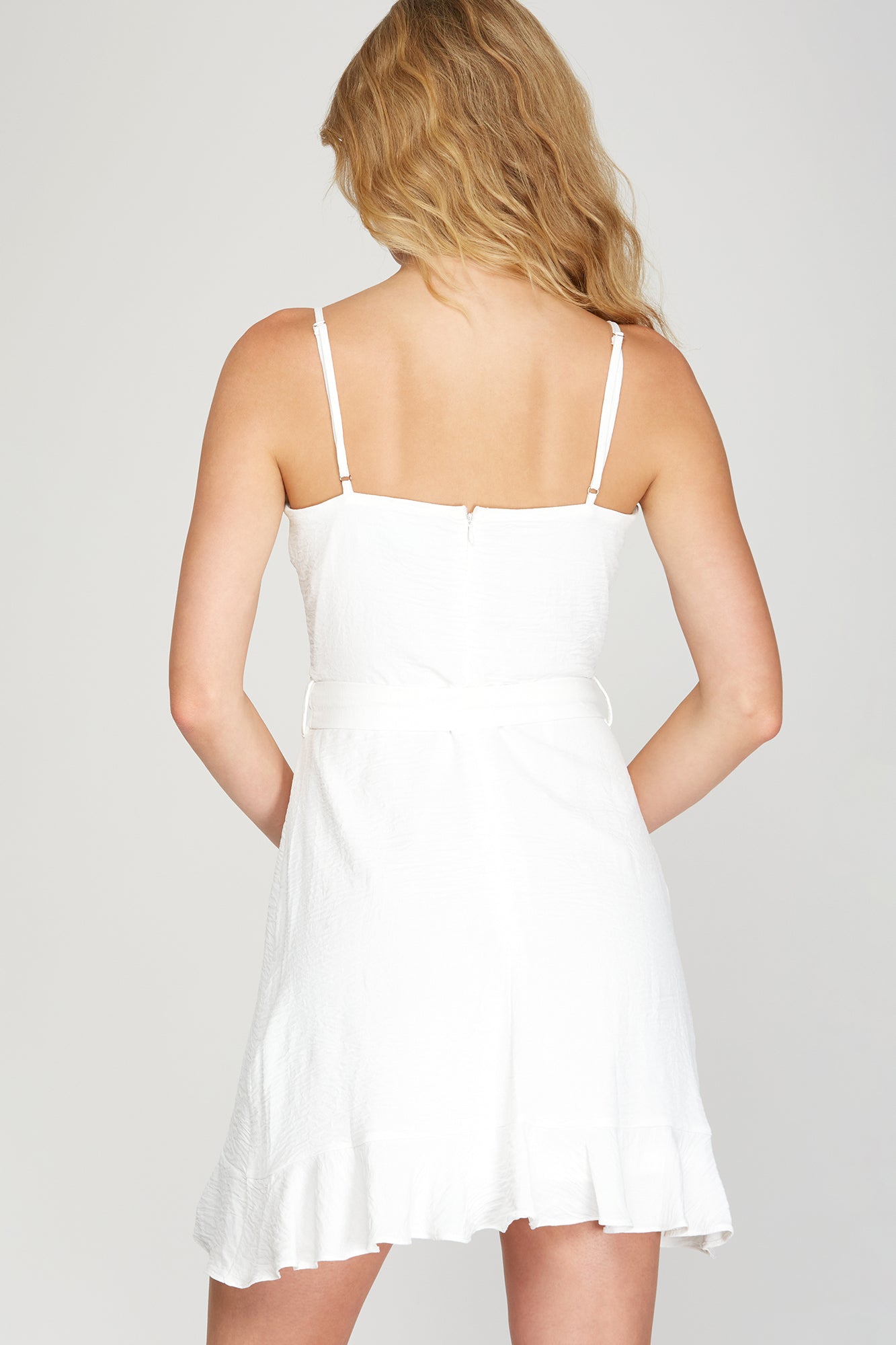 She And Sky Cami Tube Top Woven Romper With Wrap And Ruffled Hem In White-Rompers & Jumpsuits-She And Sky-Deja Nu Boutique, Women's Fashion Boutique in Lampasas, Texas