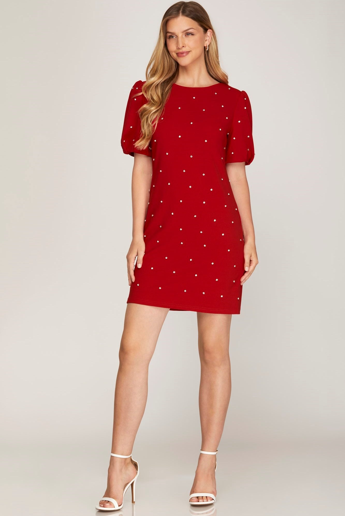 She + Sky Scattered Rhinestone Trim Short Dress In Red-Dresses-She And Sky-Deja Nu Boutique, Women's Fashion Boutique in Lampasas, Texas