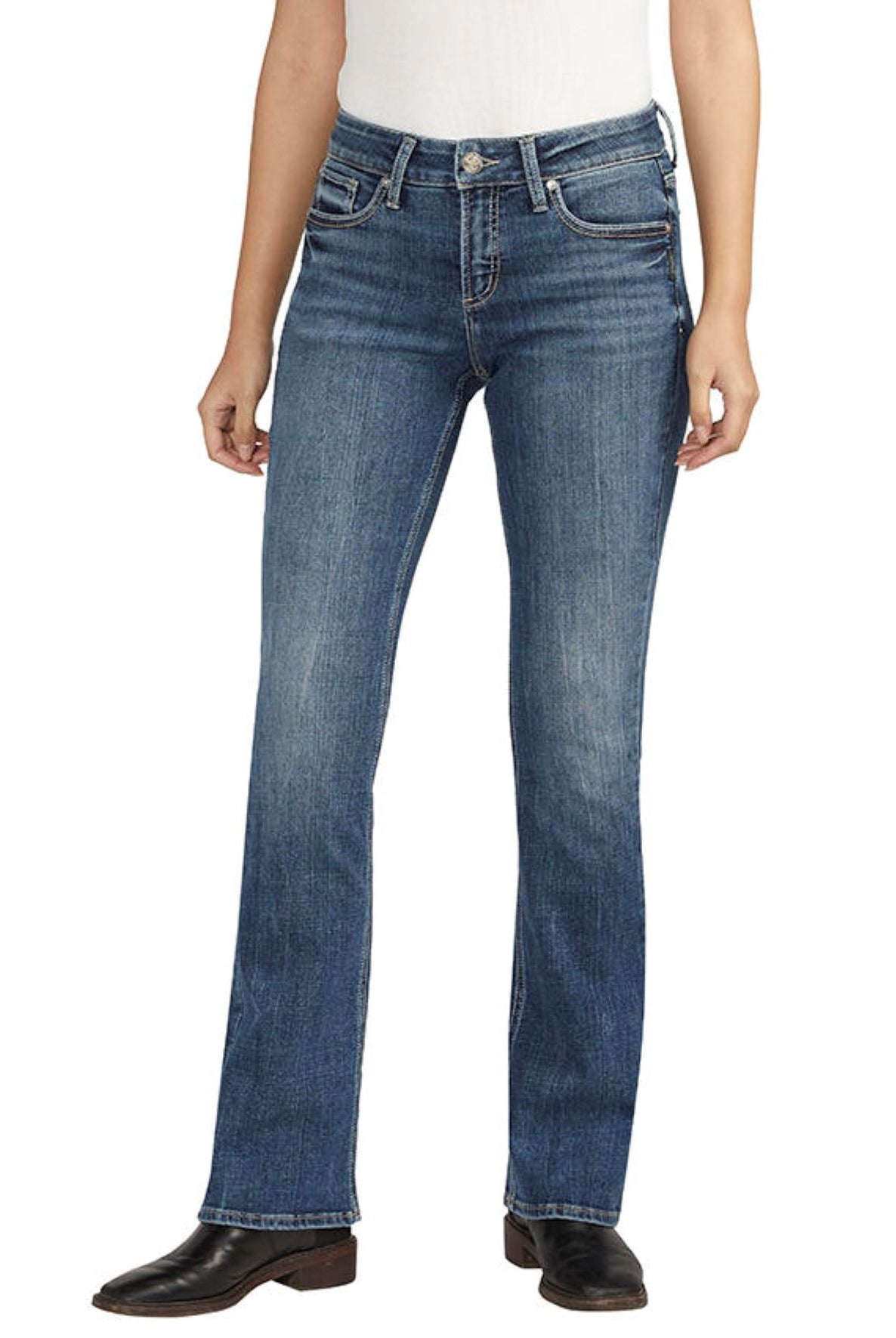 Silver Jeans Mid Rise Comfort Fit Elyse Bootcut In Indigo-Jeans-Silver Jeans-Deja Nu Boutique, Women's Fashion Boutique in Lampasas, Texas