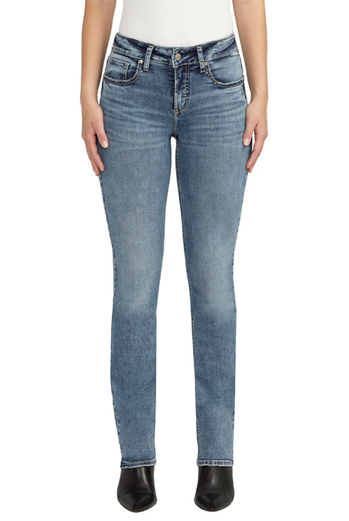 Silver Jeans Mid Rise Curvy Fit Suki Slim Boot 33 Inches In Blue Black Denim-Jeans-Silver Jeans-Deja Nu Boutique, Women's Fashion Boutique in Lampasas, Texas