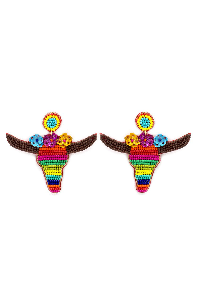 Southwest Blossom Serape Pattern Steer Head Dangle Earrings-Earrings-Deja Nu-Deja Nu Boutique, Women's Fashion Boutique in Lampasas, Texas