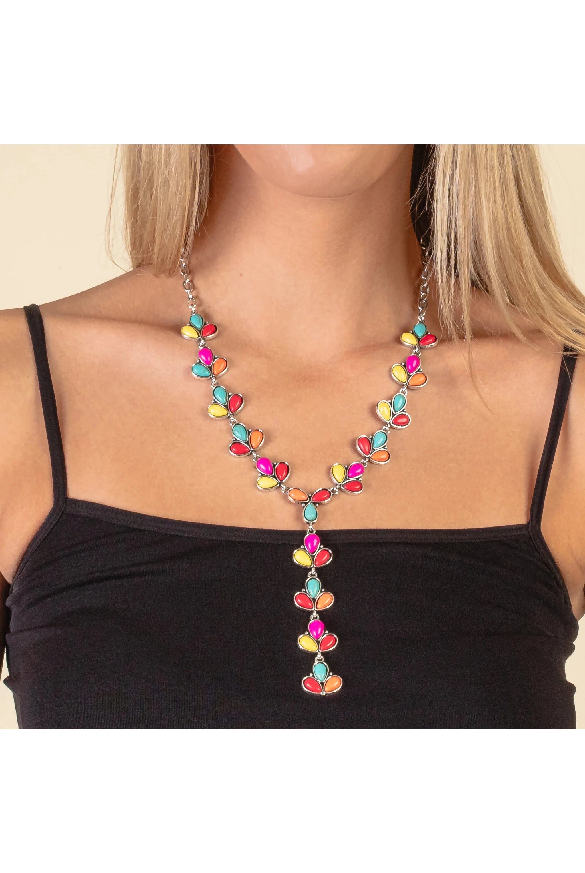 Southwest Charm In This Dainty Multi Colored Squash Blossom Y-Necklace-Necklaces-Deja Nu-Deja Nu Boutique, Women's Fashion Boutique in Lampasas, Texas
