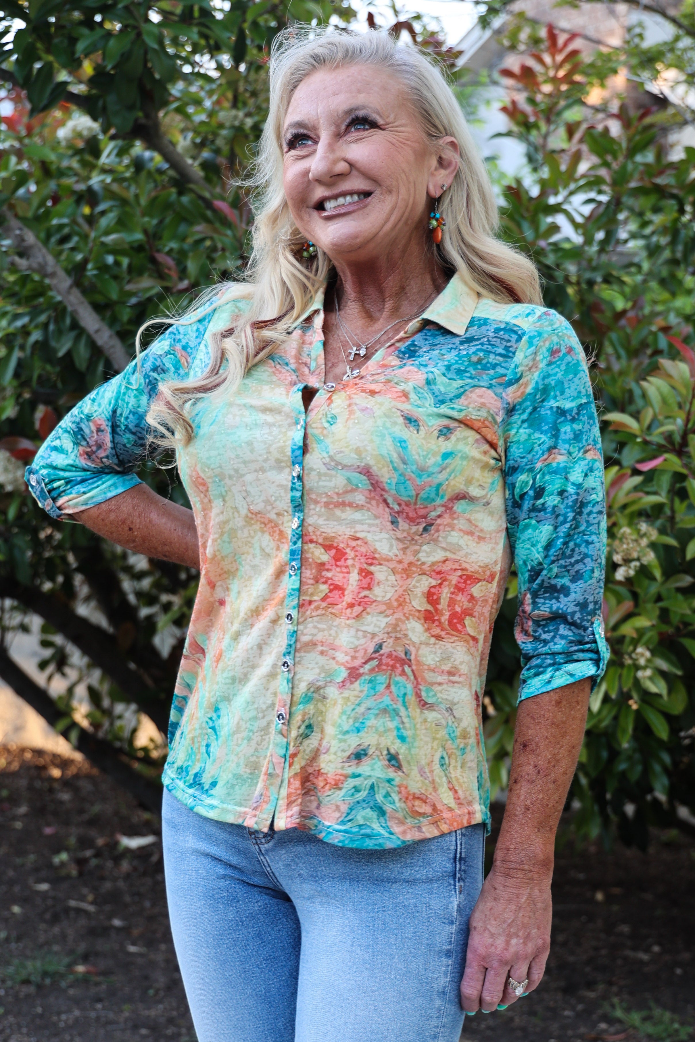 Sparkling Citrus: Long Sleeve Button-Down With Orange Paint Splatter-Tops-Nu-Look-Deja Nu Boutique, Women's Fashion Boutique in Lampasas, Texas