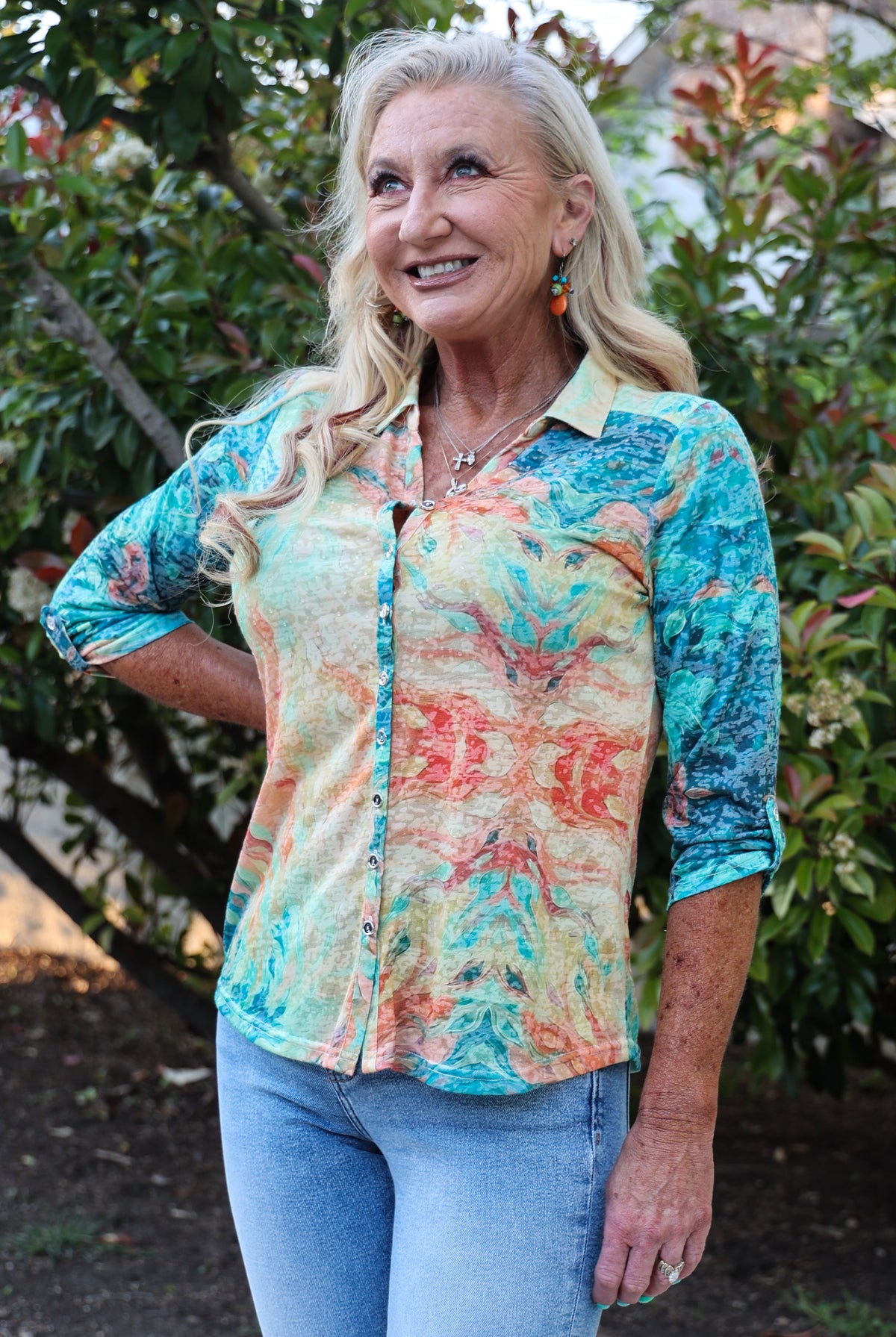 Sparkling Citrus: Long Sleeve Button-Down With Orange Paint Splatter-Tops-Nu-Look-Deja Nu Boutique, Women's Fashion Boutique in Lampasas, Texas