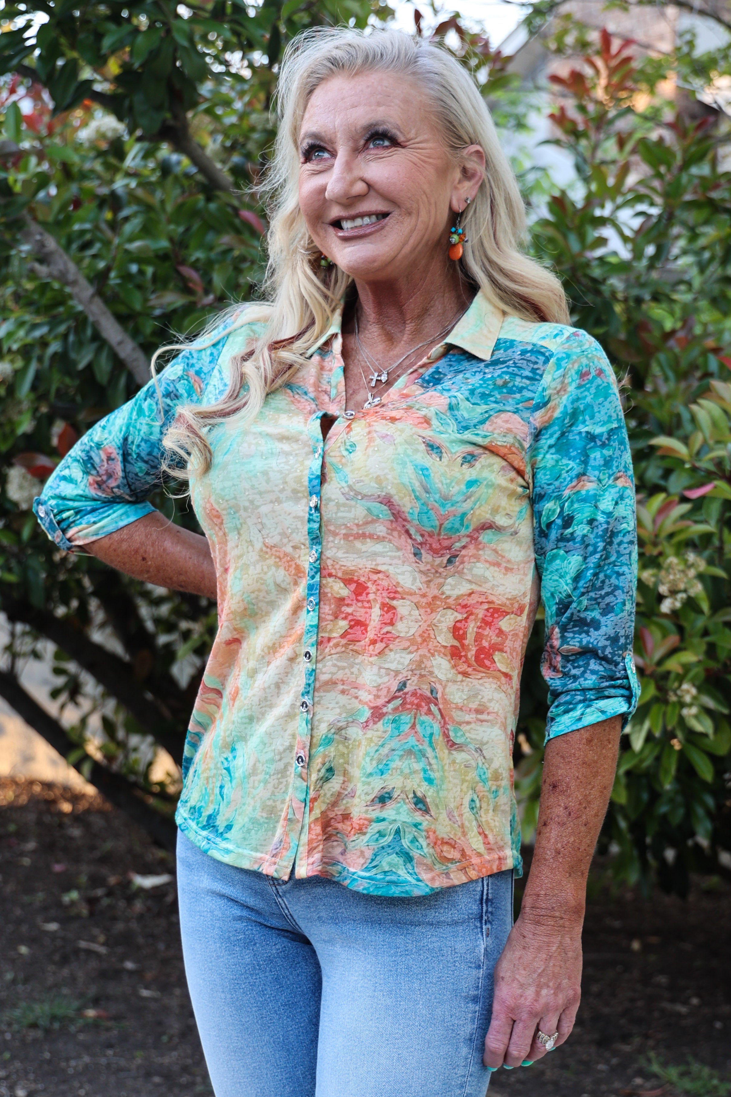 Sparkling Citrus: Long Sleeve Button-Down With Orange Paint Splatter-Tops-Nu-Look-Deja Nu Boutique, Women's Fashion Boutique in Lampasas, Texas