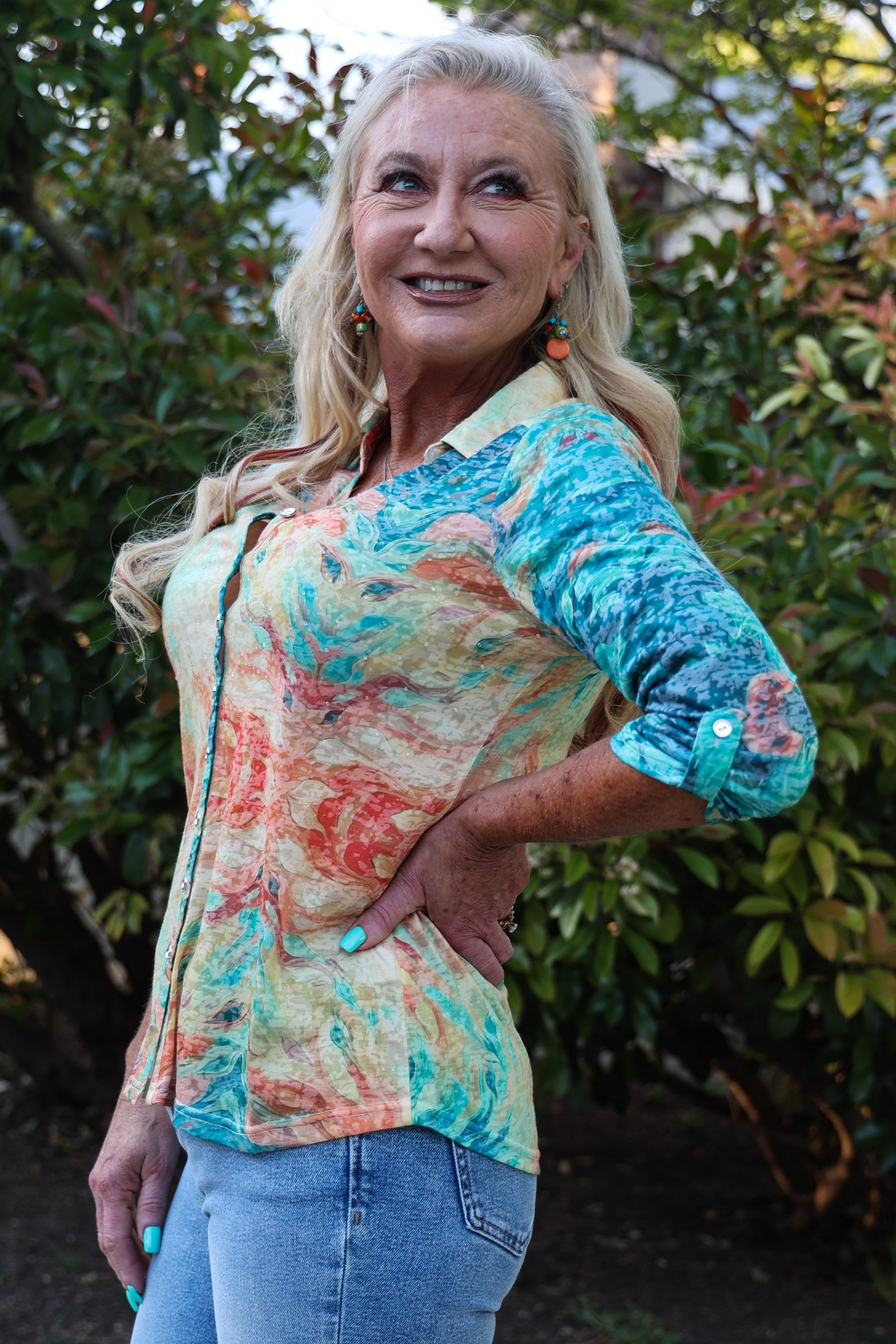 Sparkling Citrus: Long Sleeve Button-Down With Orange Paint Splatter-Tops-Nu-Look-Deja Nu Boutique, Women's Fashion Boutique in Lampasas, Texas