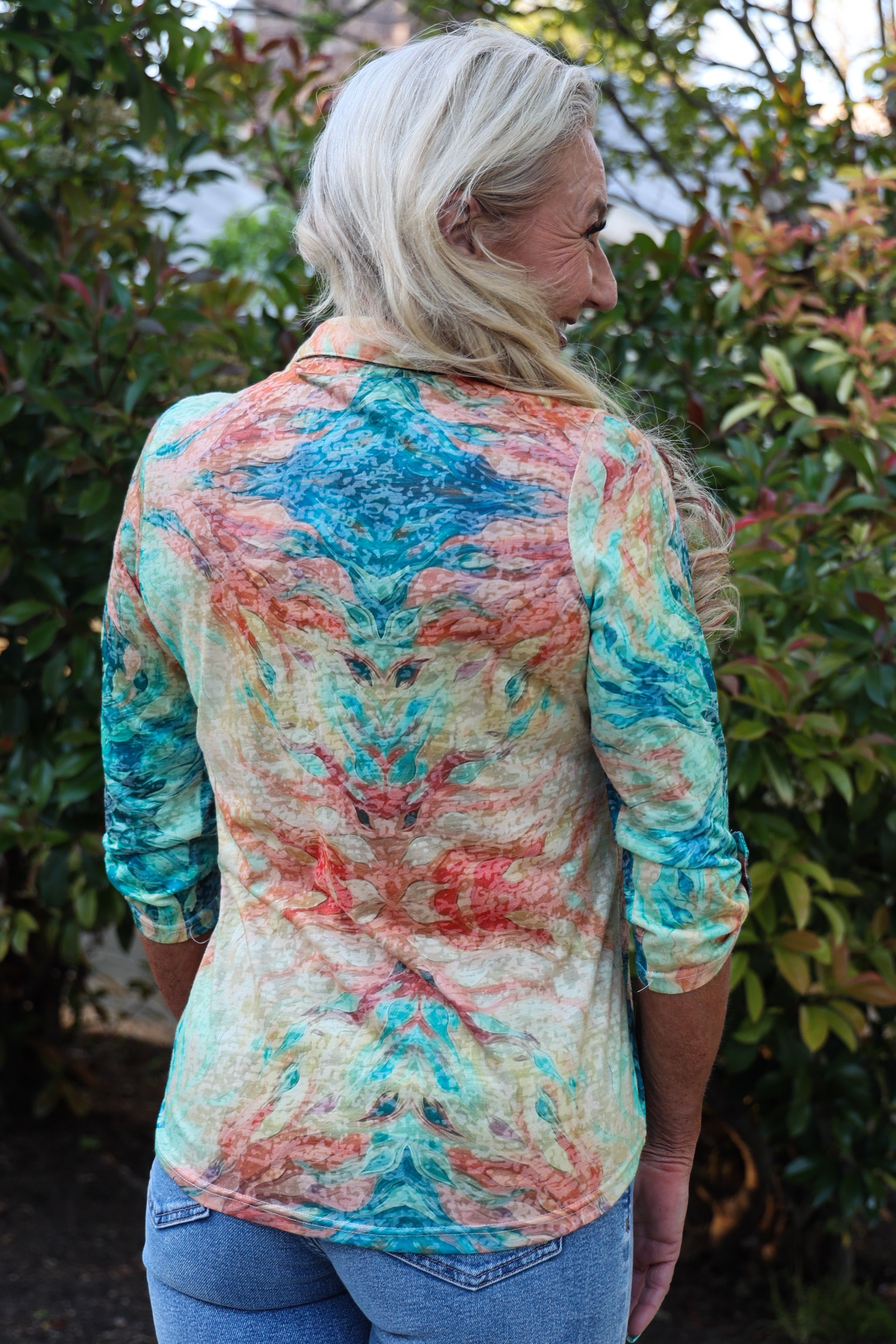 Sparkling Citrus: Long Sleeve Button-Down With Orange Paint Splatter-Tops-Nu-Look-Deja Nu Boutique, Women's Fashion Boutique in Lampasas, Texas