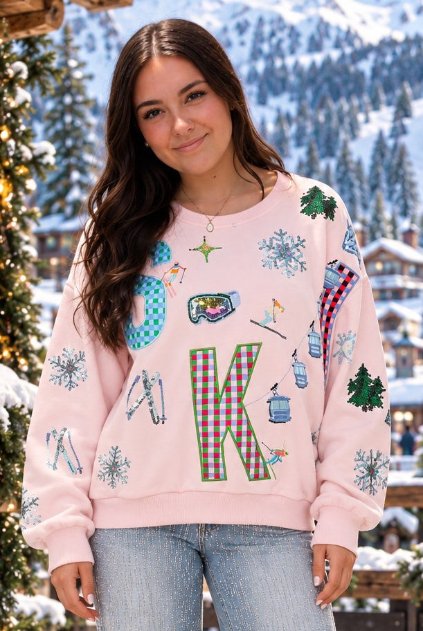 Queen of Sparkles Pink SKI Icon Sweatshirt-sweatshirt-Queen Of Sparkles-Deja Nu Boutique, Women's Fashion Boutique in Lampasas, Texas