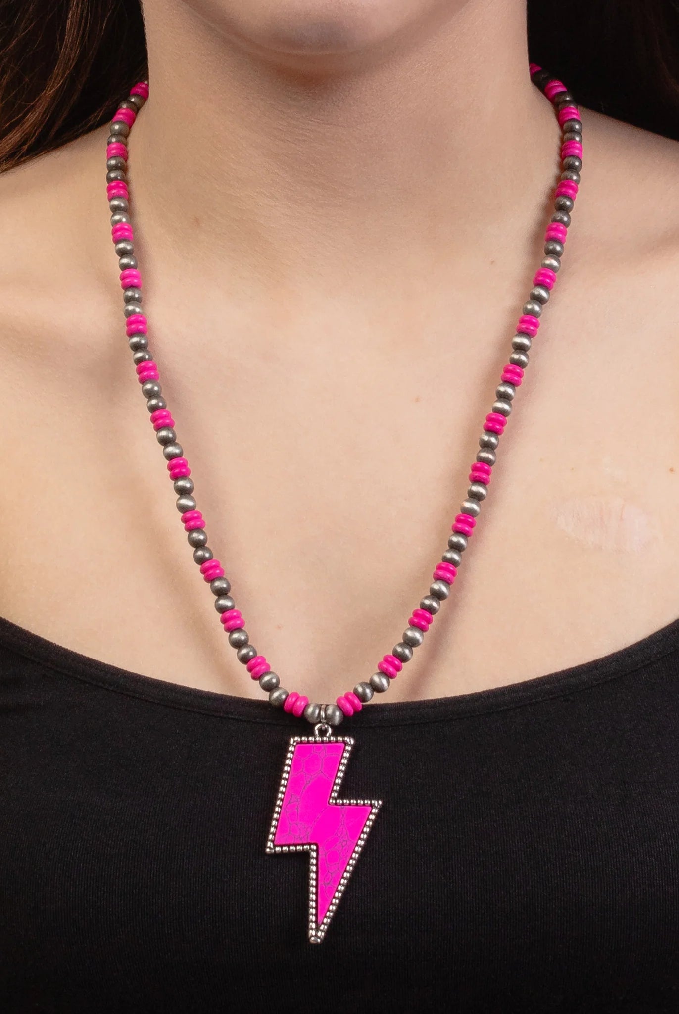 Squash Blossom Fuchsia Lightning Bolt Silver And Fuchsia Beaded Necklace-Necklaces-Deja Nu Tx-Deja Nu Boutique, Women's Fashion Boutique in Lampasas, Texas