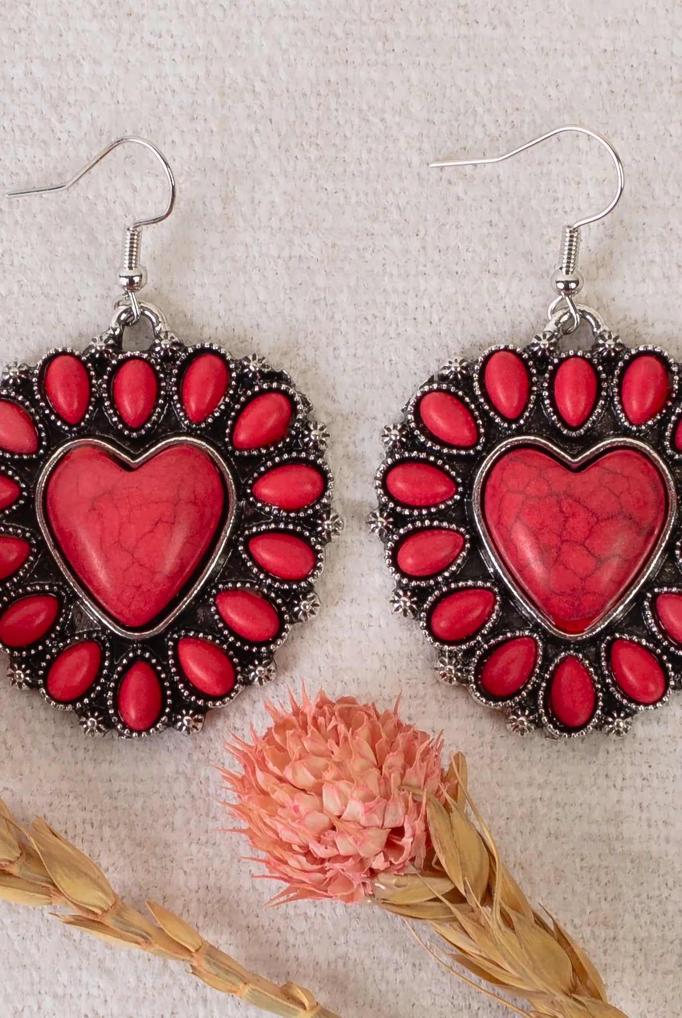 Squash Blossom Red Heart Stone Dangle Earrings-Earrings-Deja Nu Tx-Deja Nu Boutique, Women's Fashion Boutique in Lampasas, Texas